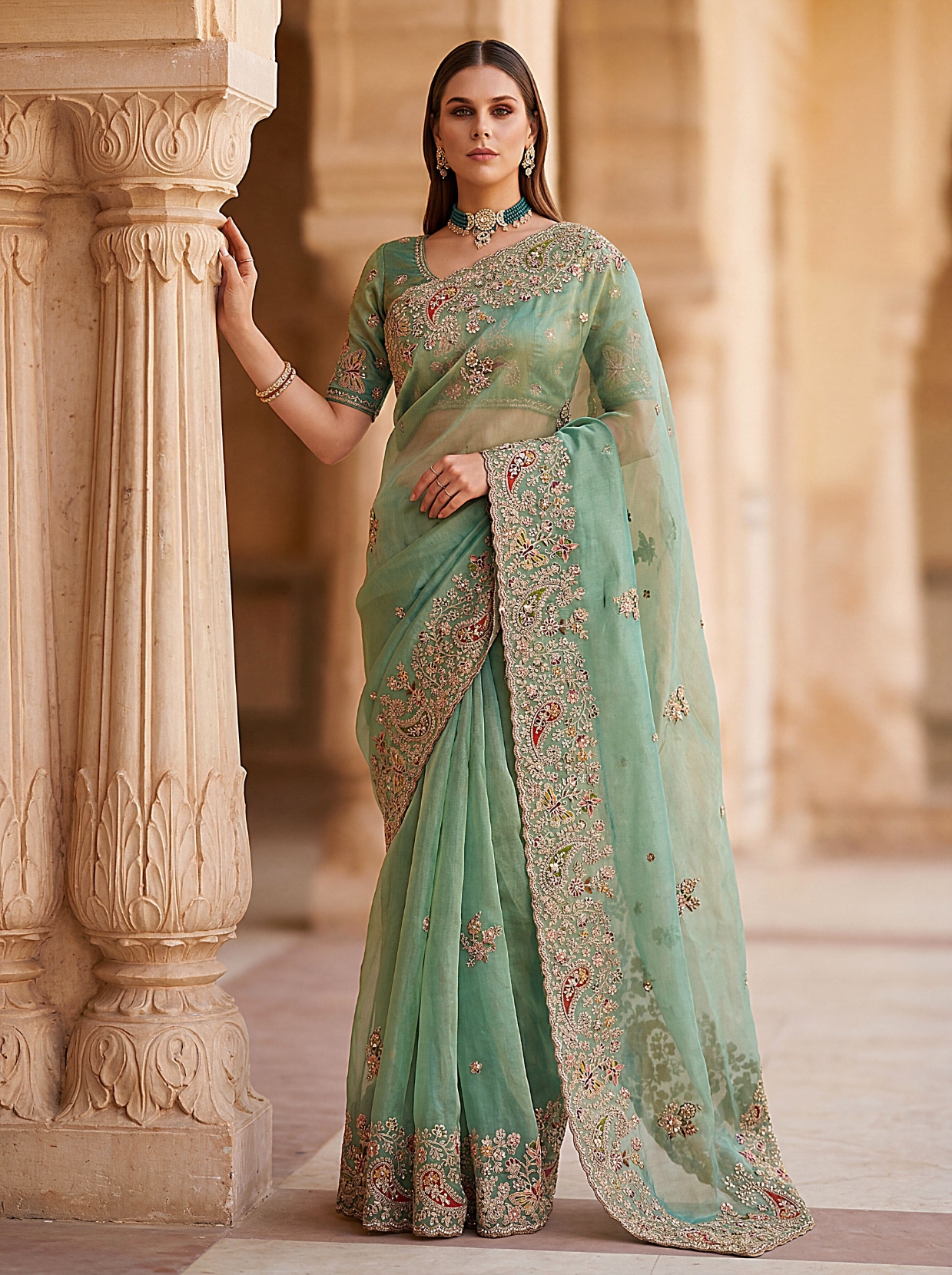 Sea Green Ethnic Motif Embroidered Gabana Silk Saree