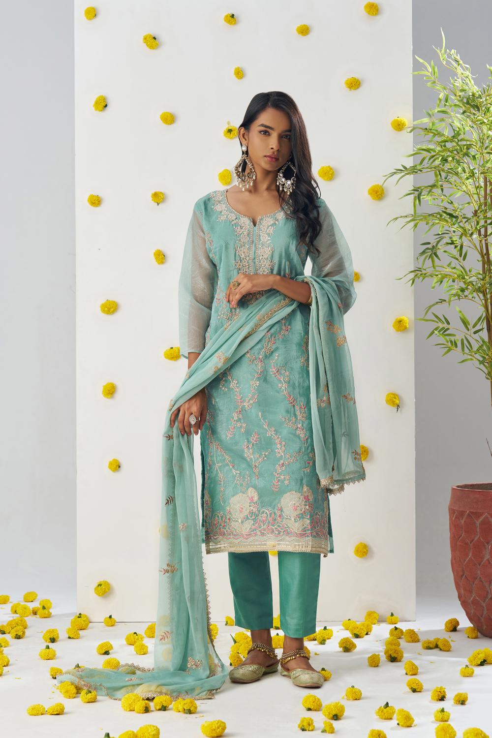 Sea Green Fancy Crush Readymade Suits