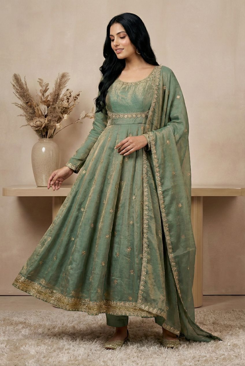 Sea Green Fandy Silk Sequins Coding Designer Suit