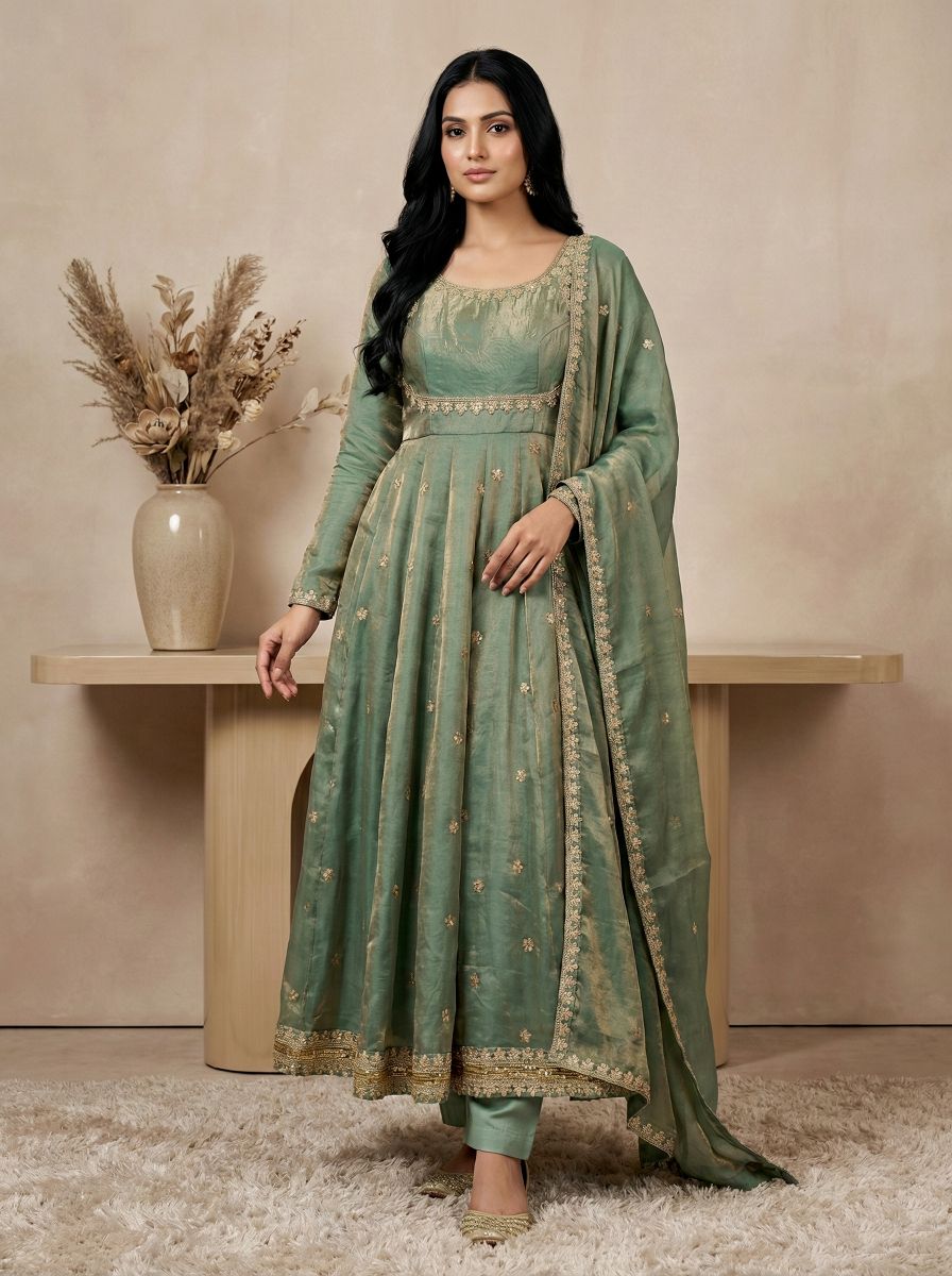 Sea Green Fandy Silk Sequins Coding Designer Suit
