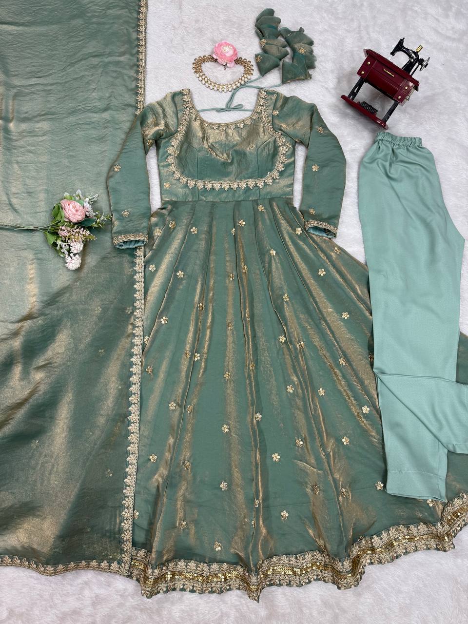Sea Green Fandy Silk Sequins Coding Designer Suit