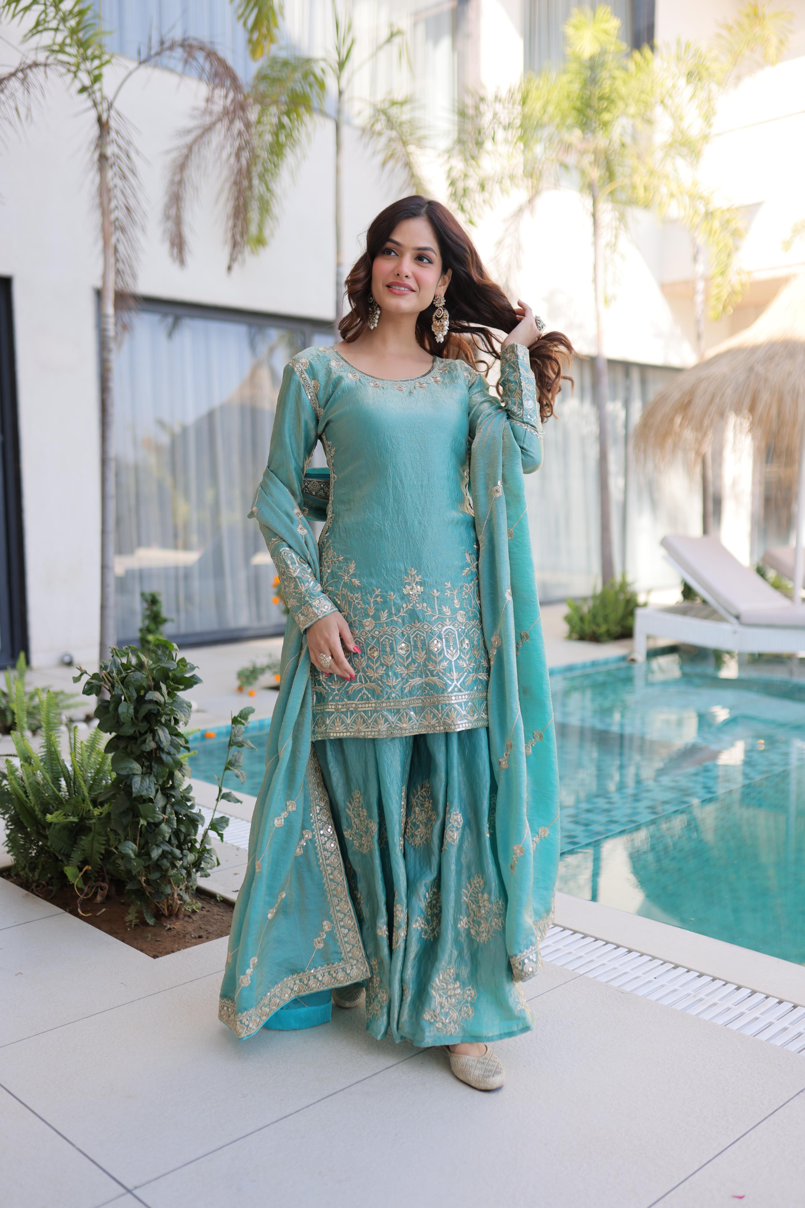 Sea Green Fendy Crush Zari Sequins Embroidered Palazzo Suit