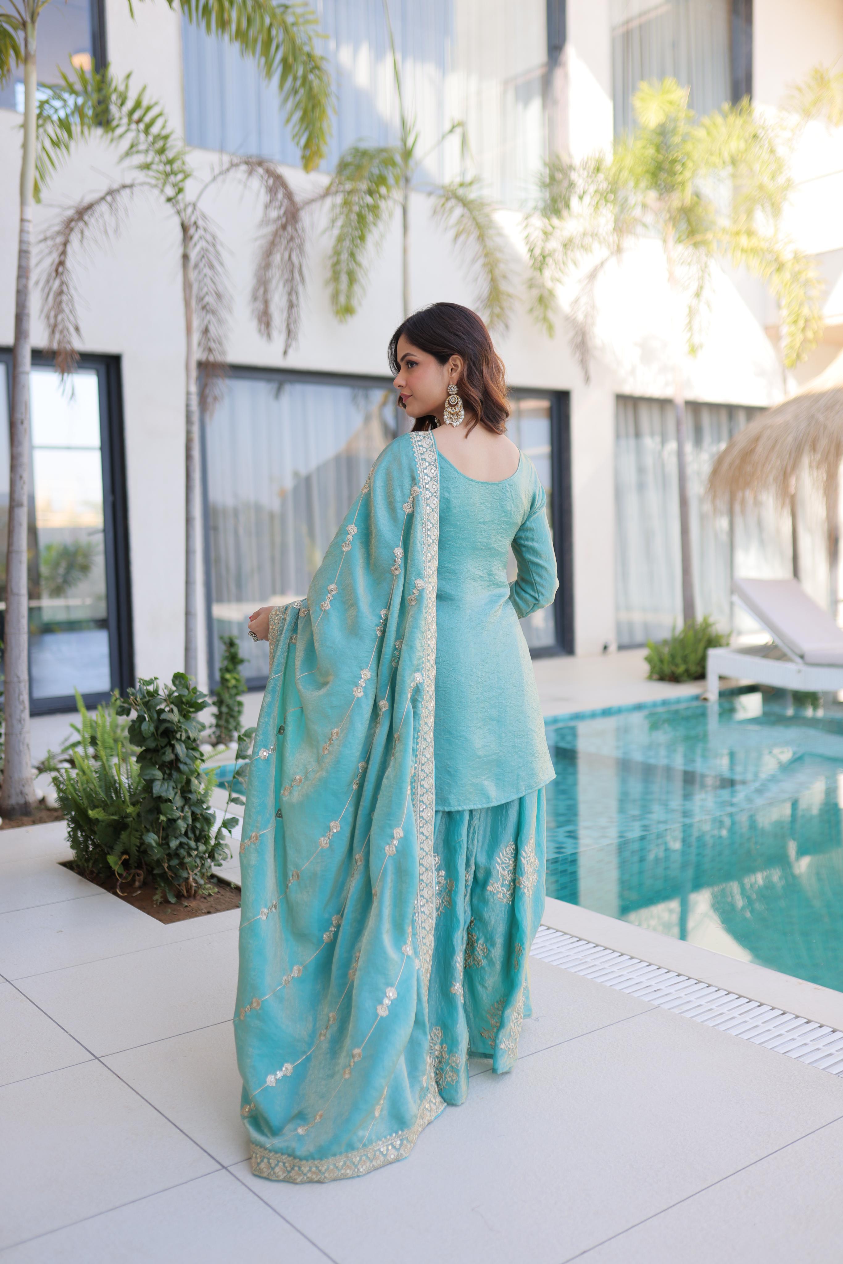 Sea Green Fendy Crush Zari Sequins Embroidered Palazzo Suit — alternate view