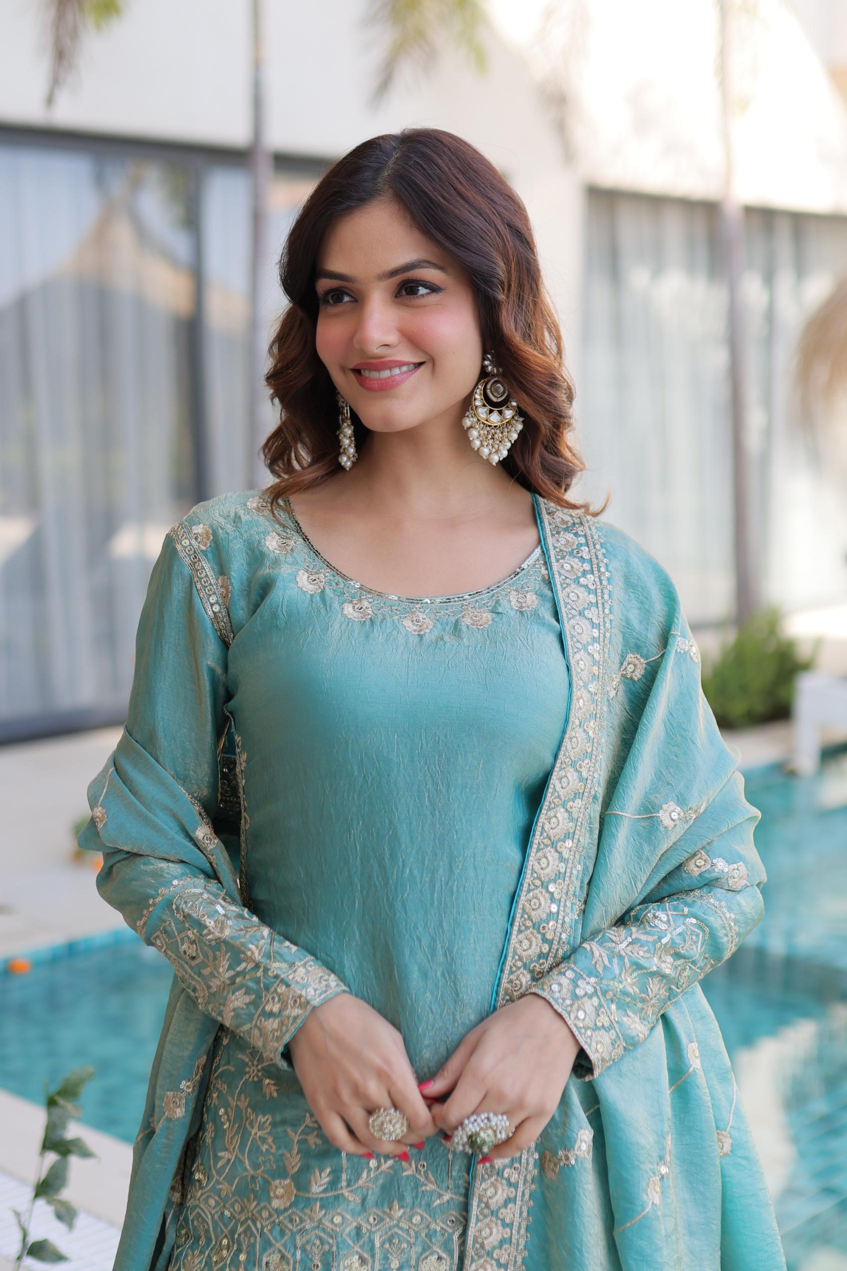 Sea Green Fendy Crush Zari Sequins Embroidered Palazzo Suit