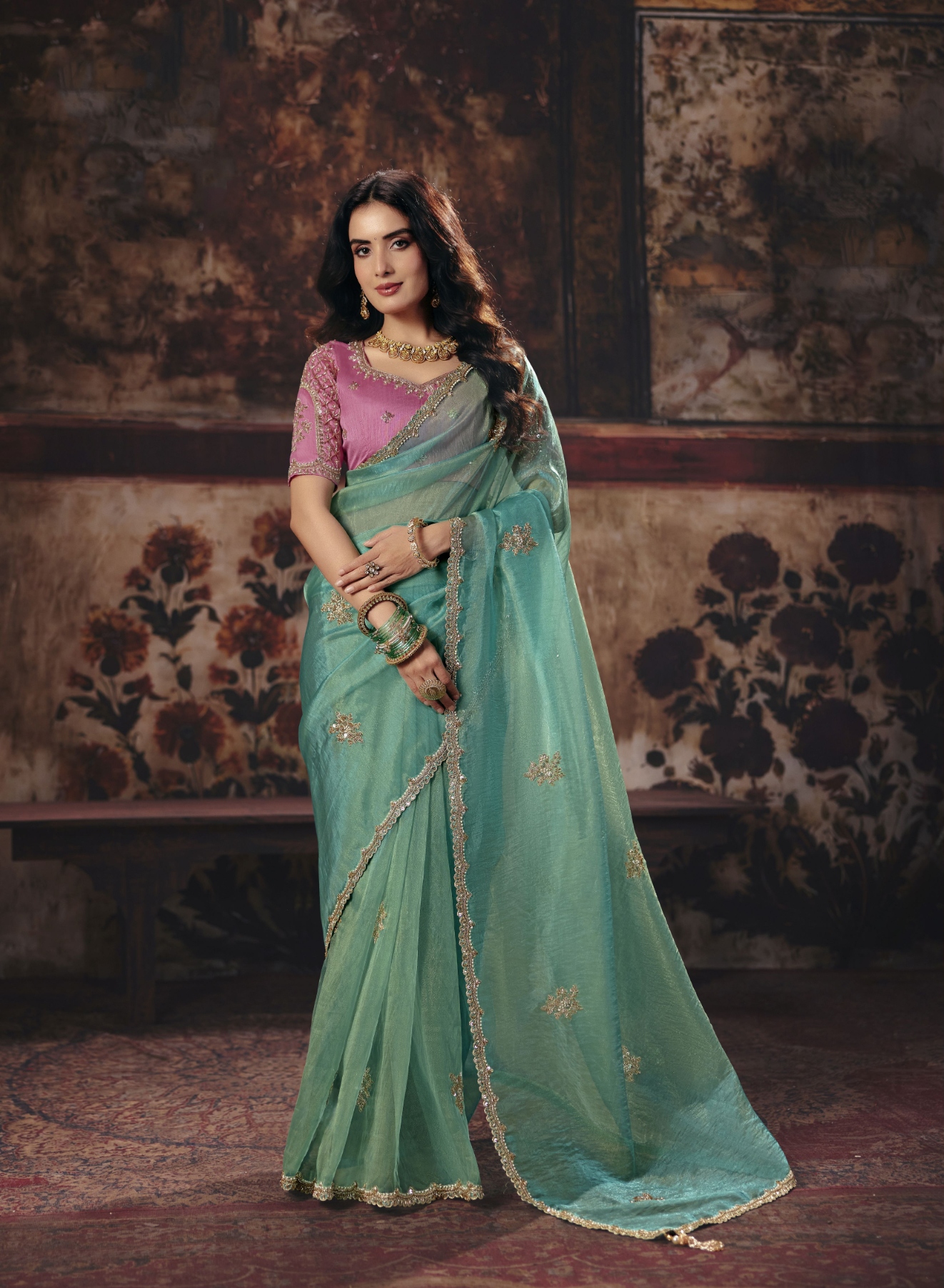 Sea Green Floral Bead Work Organza Saree