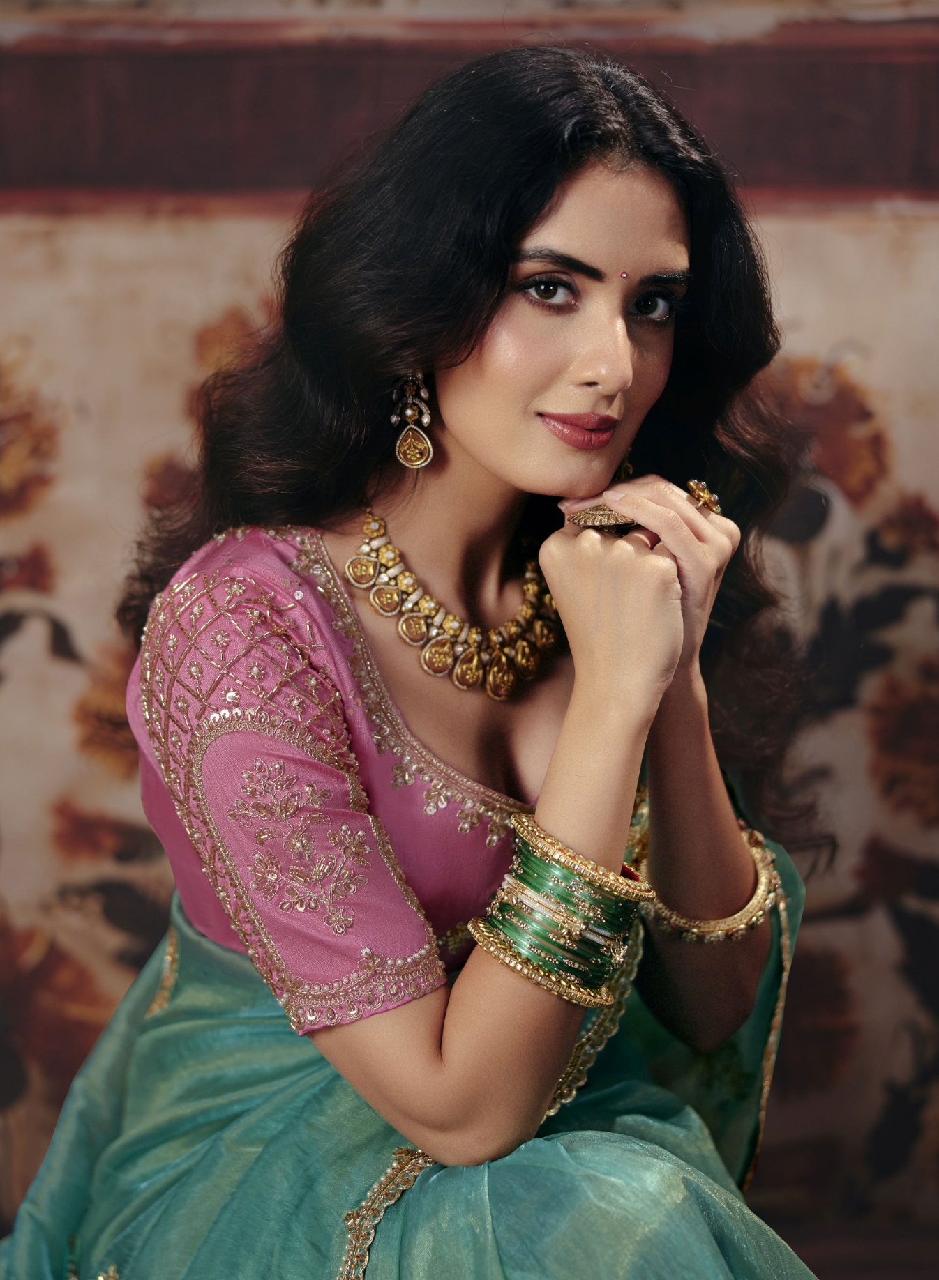 Sea Green Floral Bead Work Organza Saree