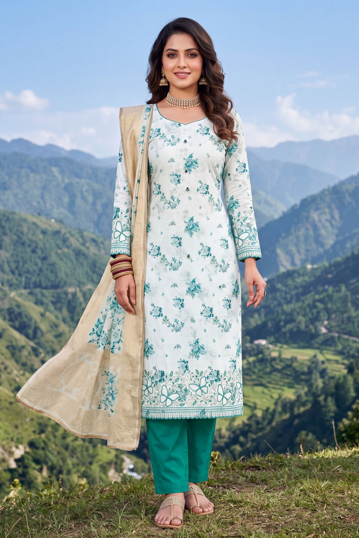 Sea Green Floral Bits Jam Cotton Straight Suit
