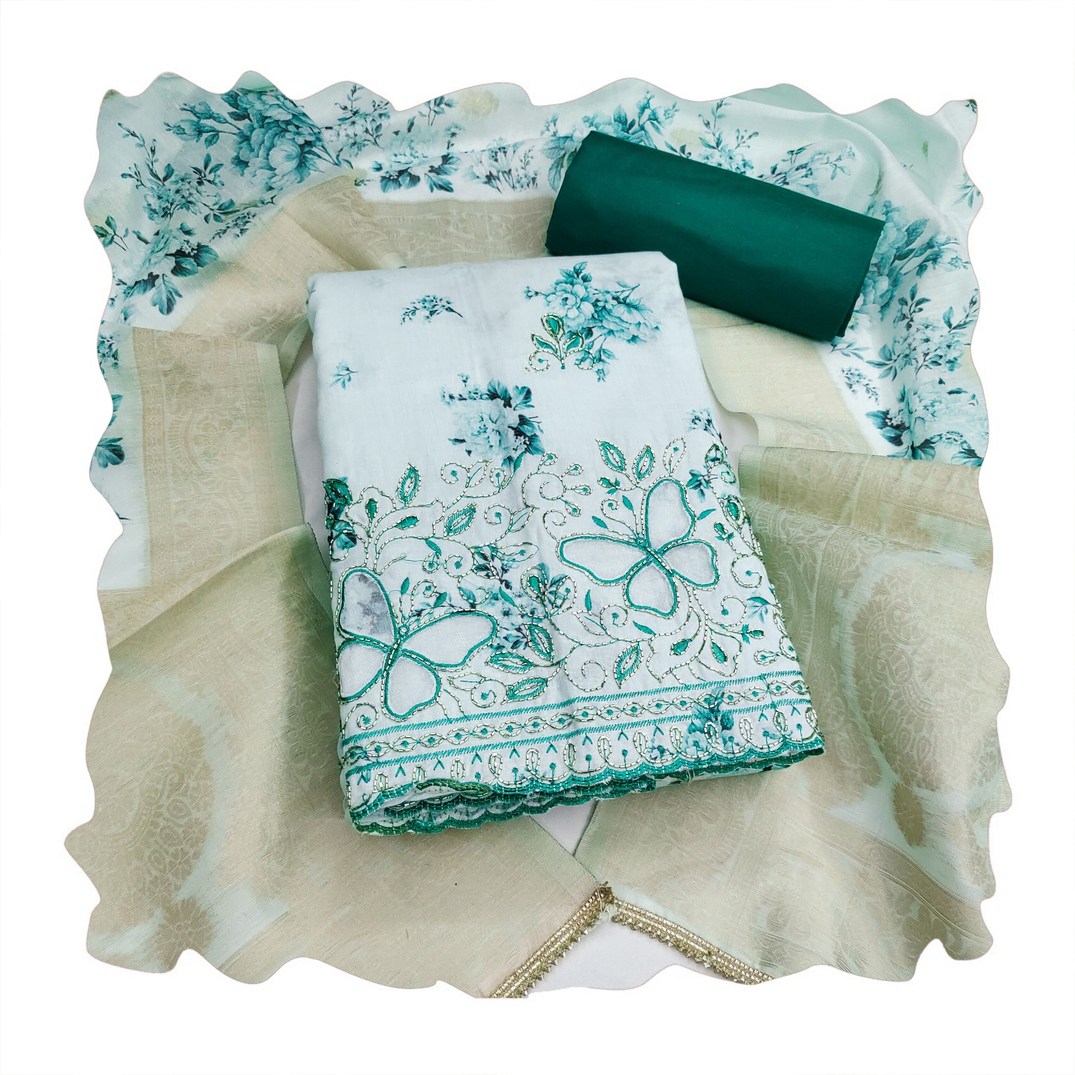 Sea Green Floral Bits Jam Cotton Straight Suit — alternate view