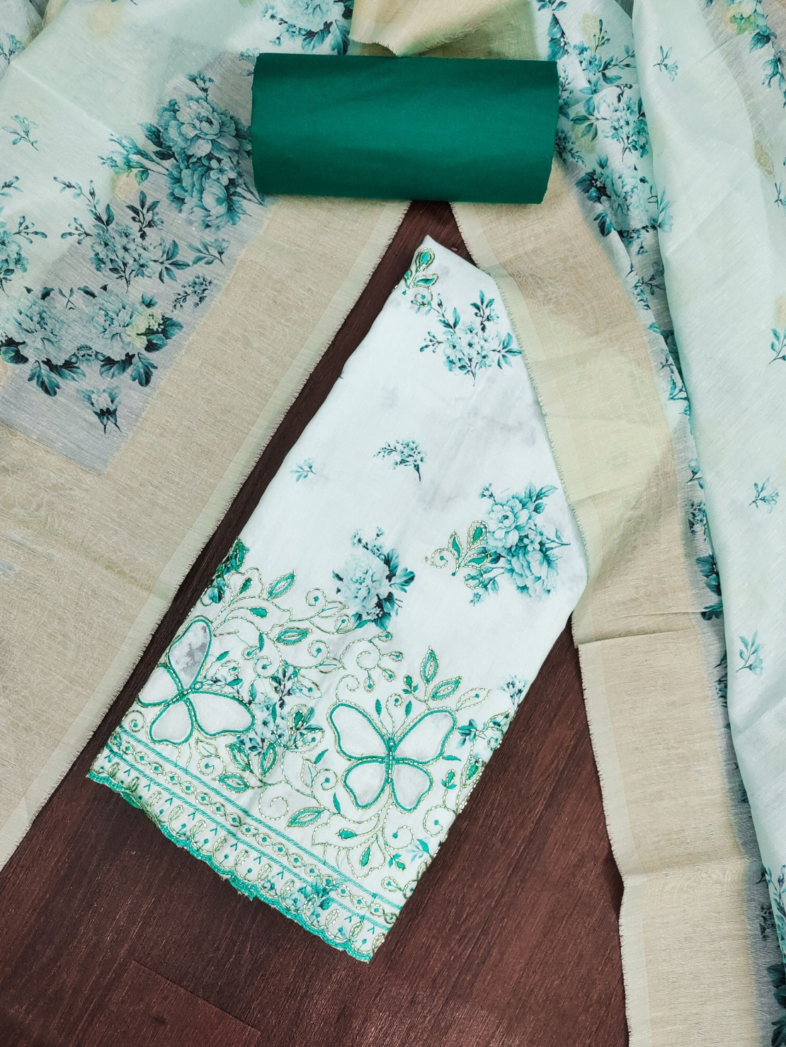 Sea Green Floral Bits Jam Cotton Straight Suit