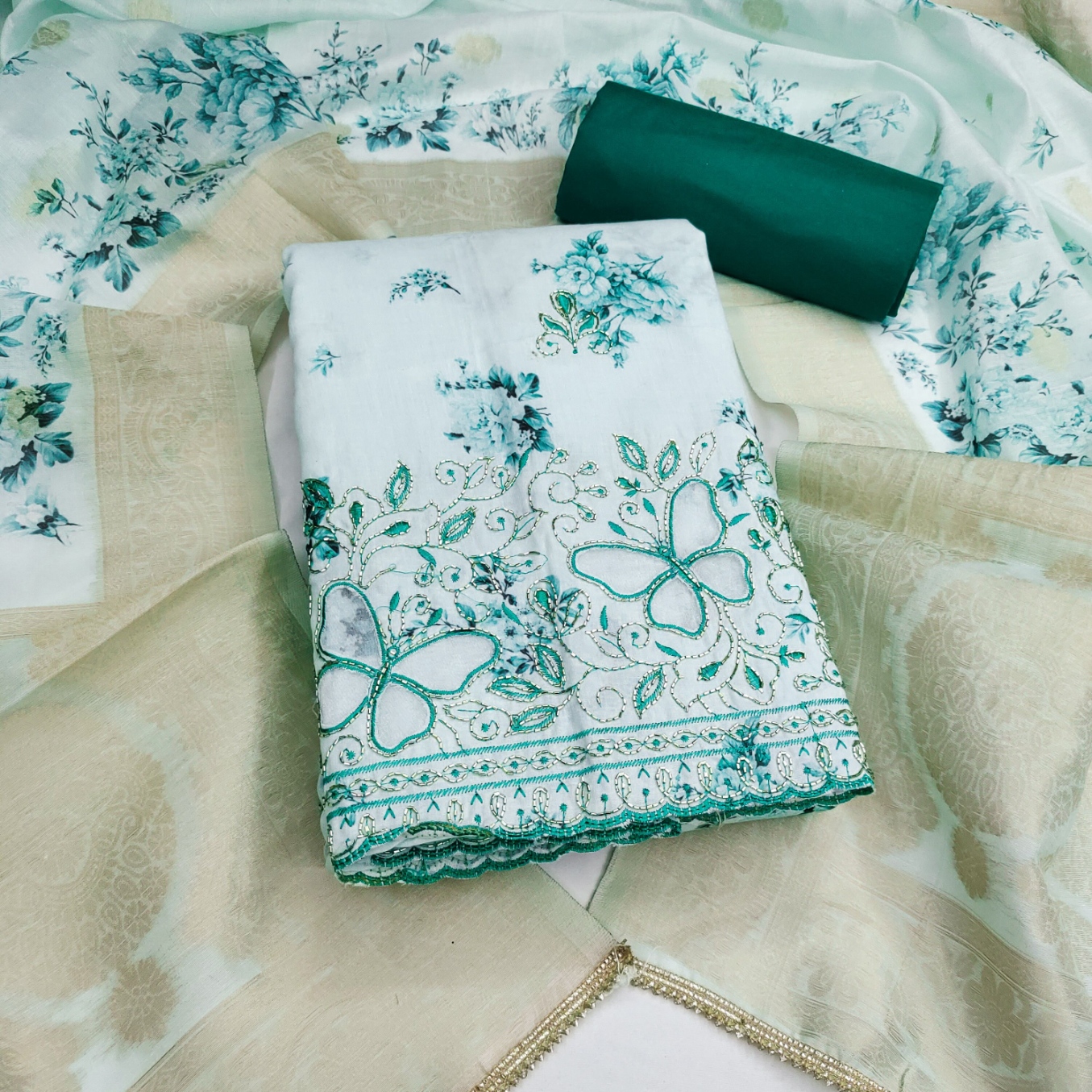 Sea Green Floral Bits Jam Cotton Straight Suit