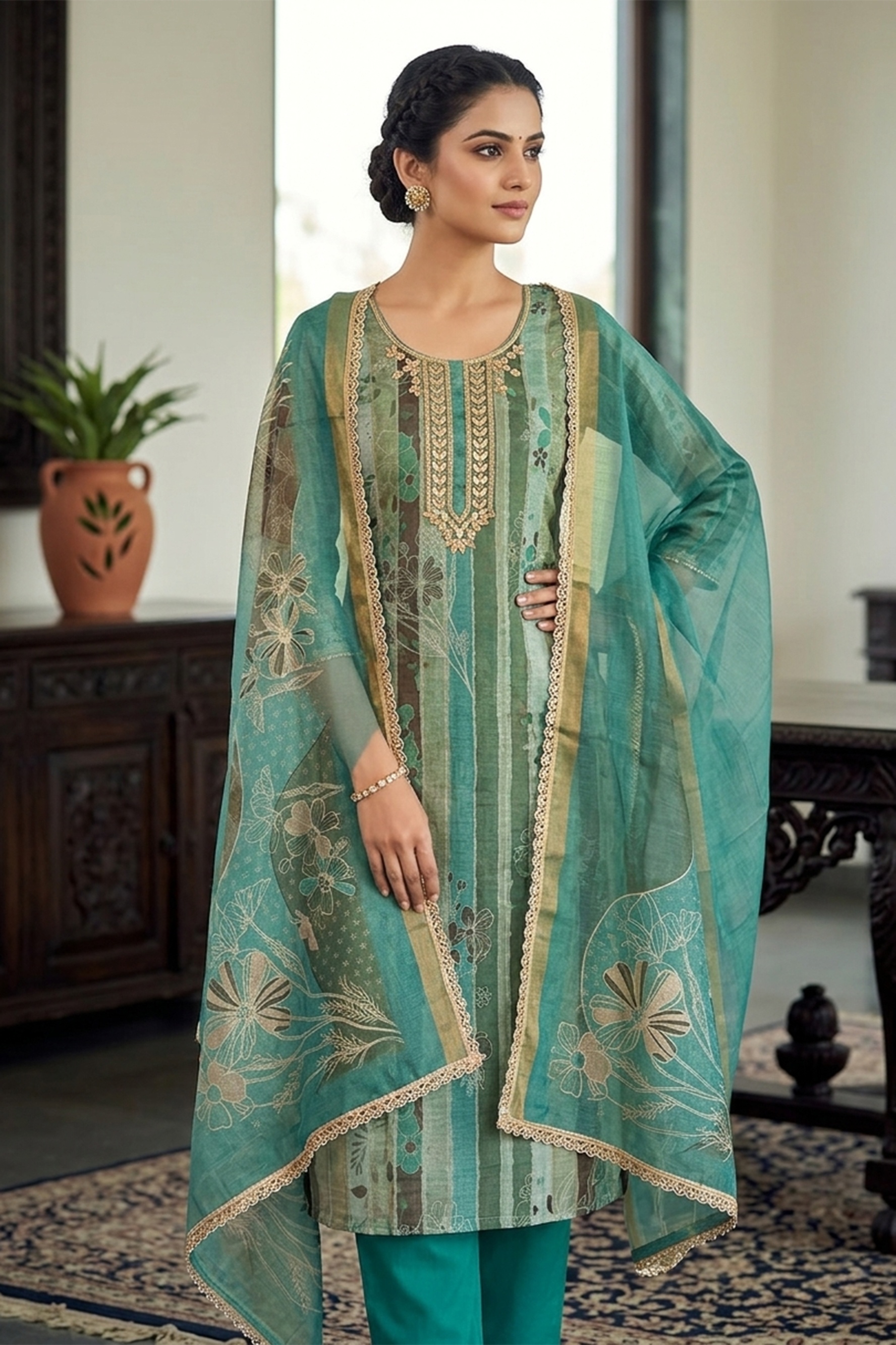 Sea Green Floral Cotton Linen Palazzo Suit