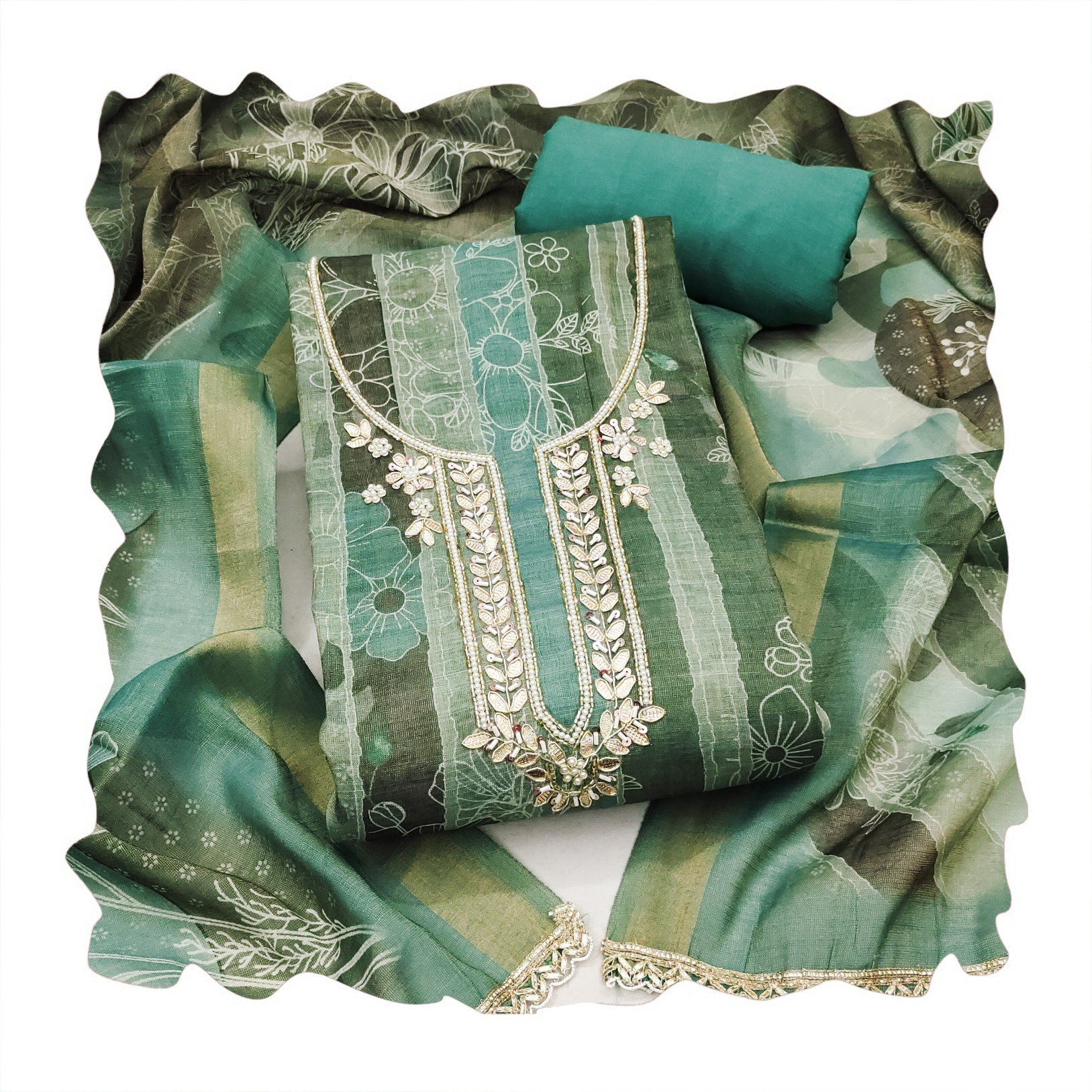 Sea Green Floral Cotton Linen Palazzo Suit — alternate view