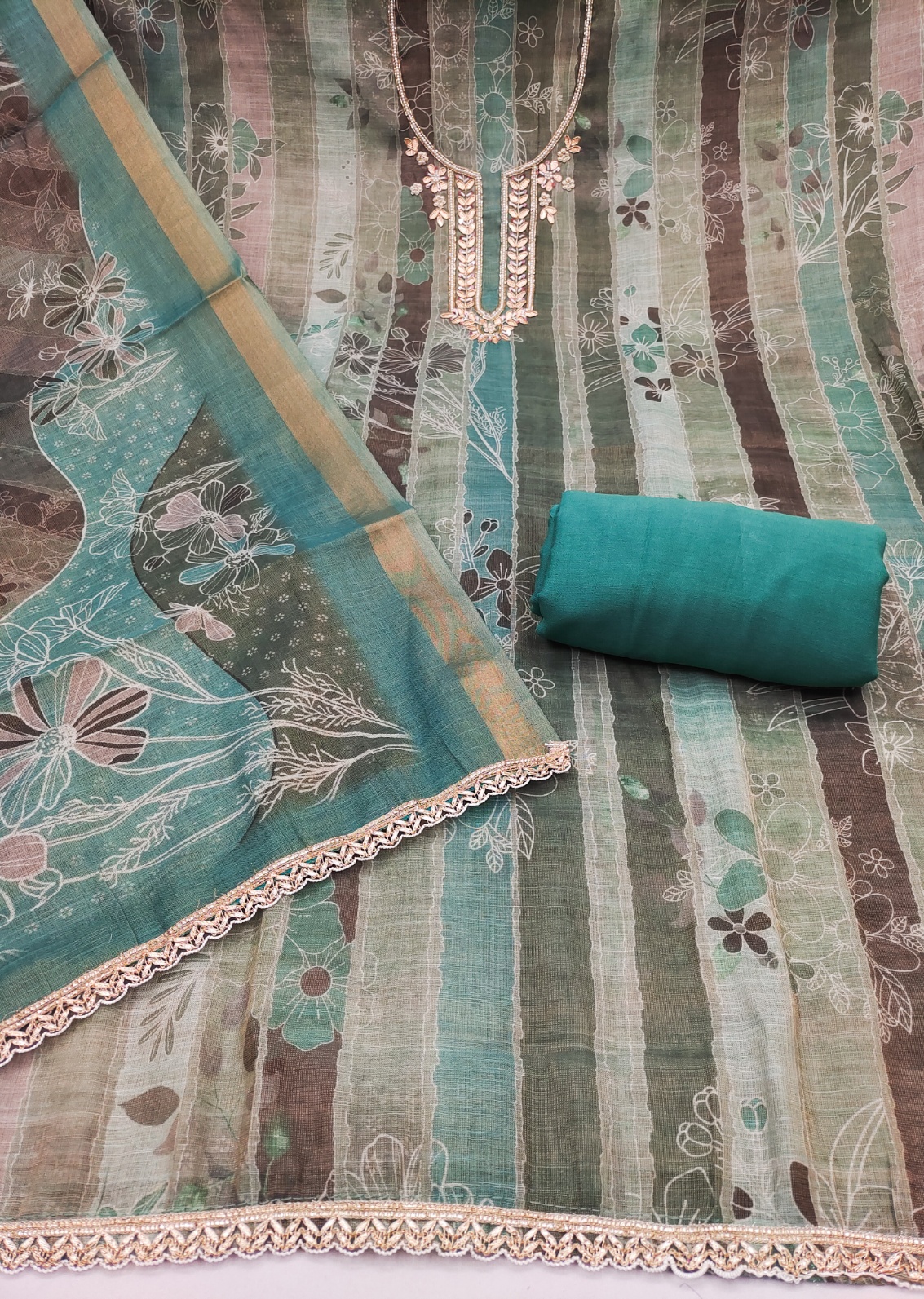 Sea Green Floral Cotton Linen Palazzo Suit