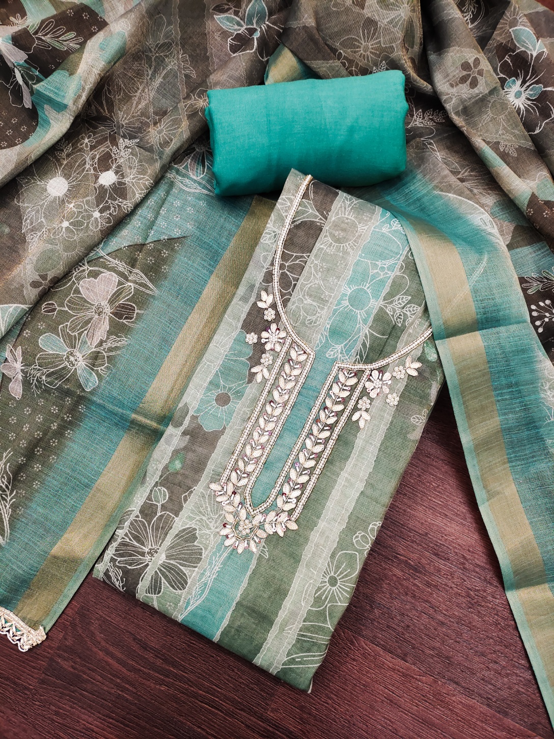 Sea Green Floral Cotton Linen Palazzo Suit