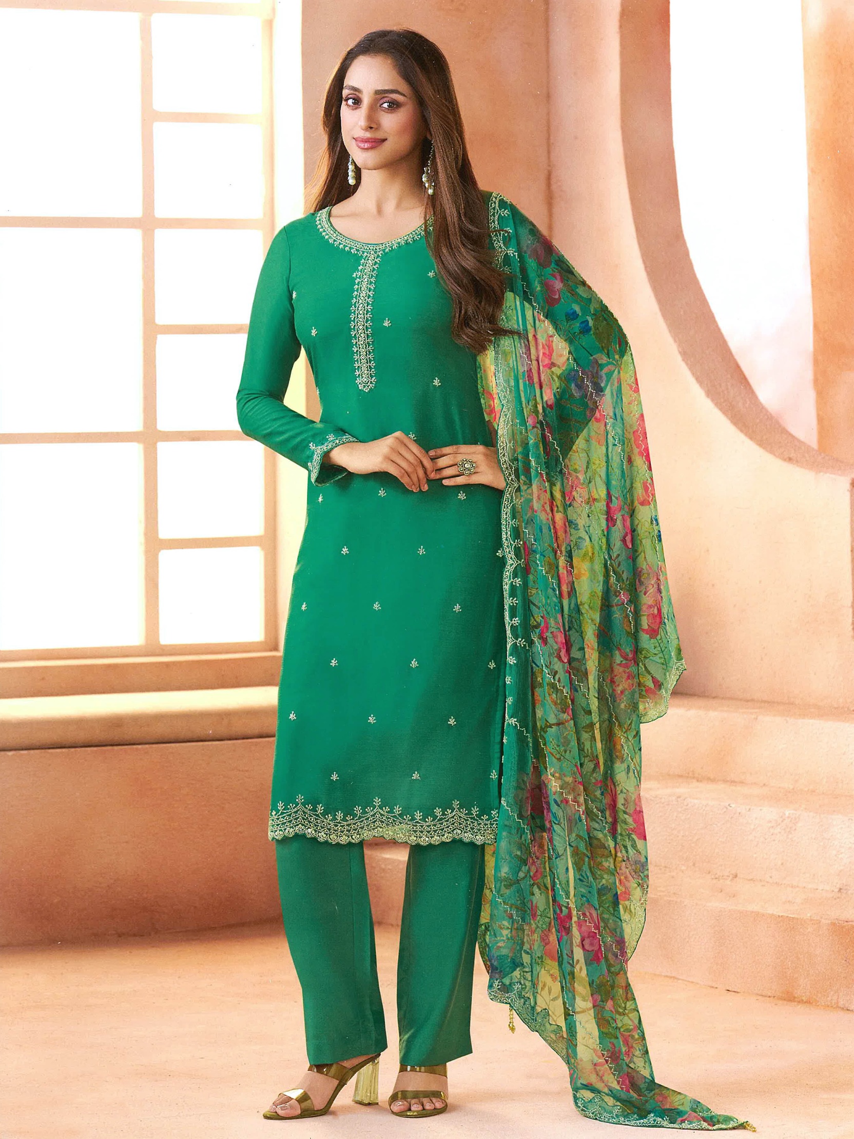 Sea Green Floral Designer Embroidery Chiffon Salwar Suit