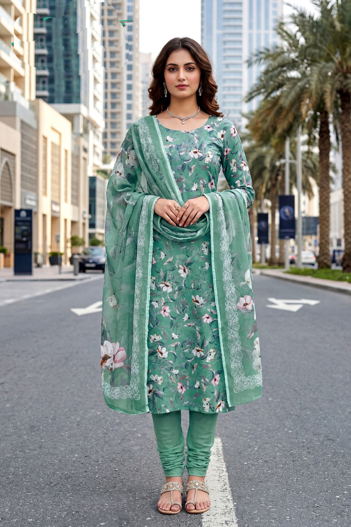Sea Green Floral Digital Crepe Straight Salwar Suit