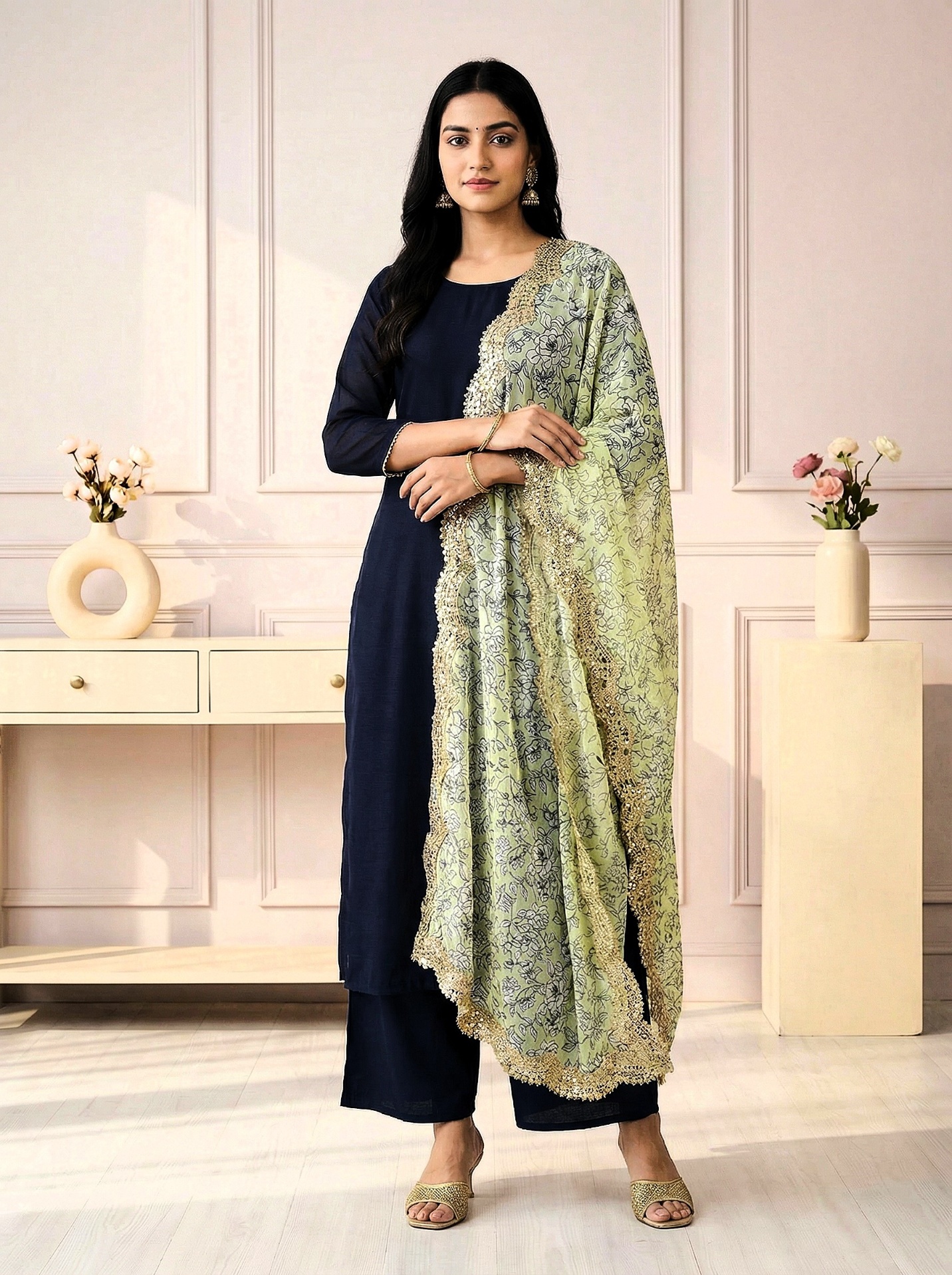 Sea Green Floral Digital Print Jimmy Choo Dupatta