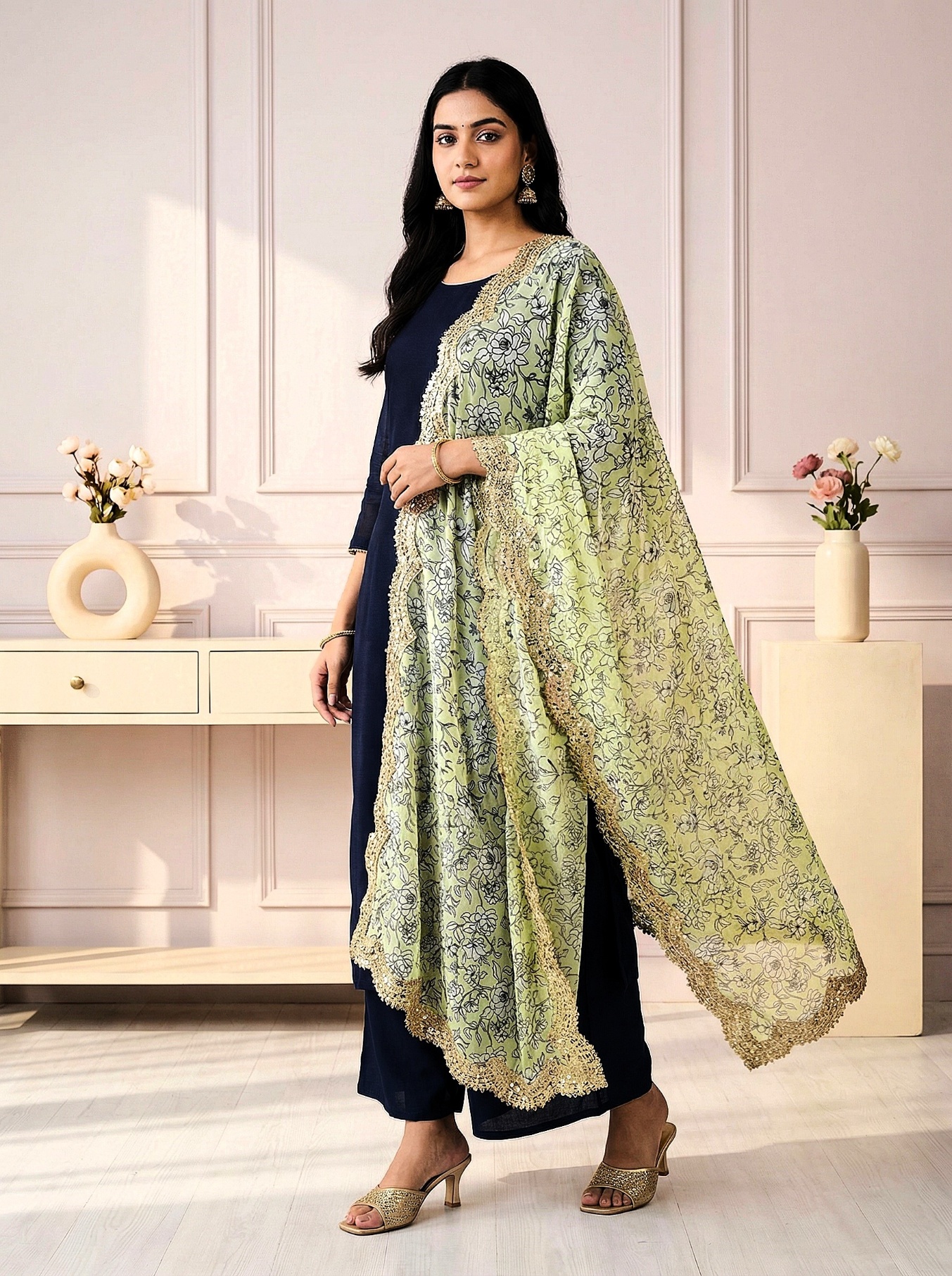 Sea Green Floral Digital Print Jimmy Choo Dupatta — alternate view
