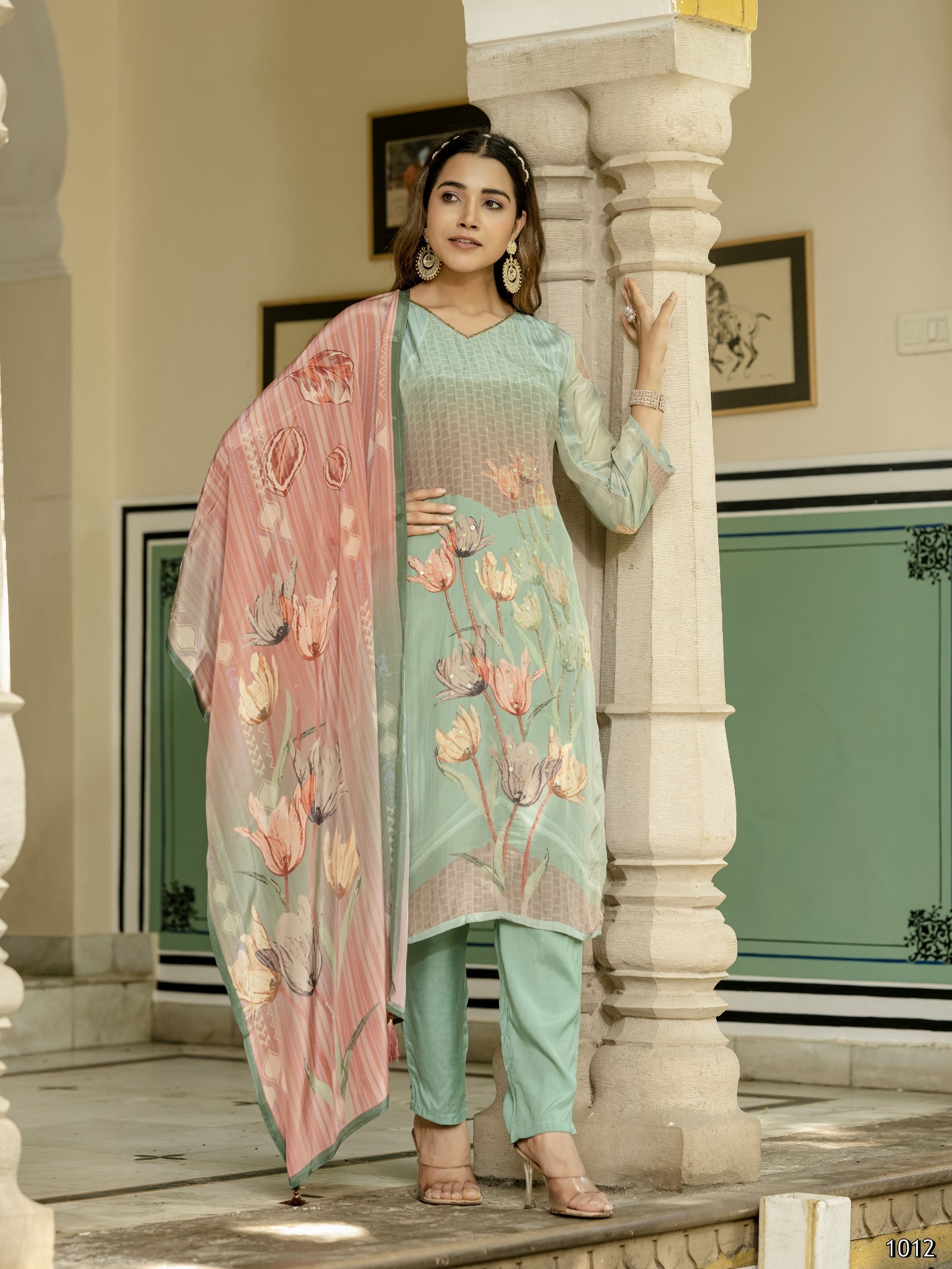 Sea Green Floral Digital Print Viscose Silk Salwar Suit