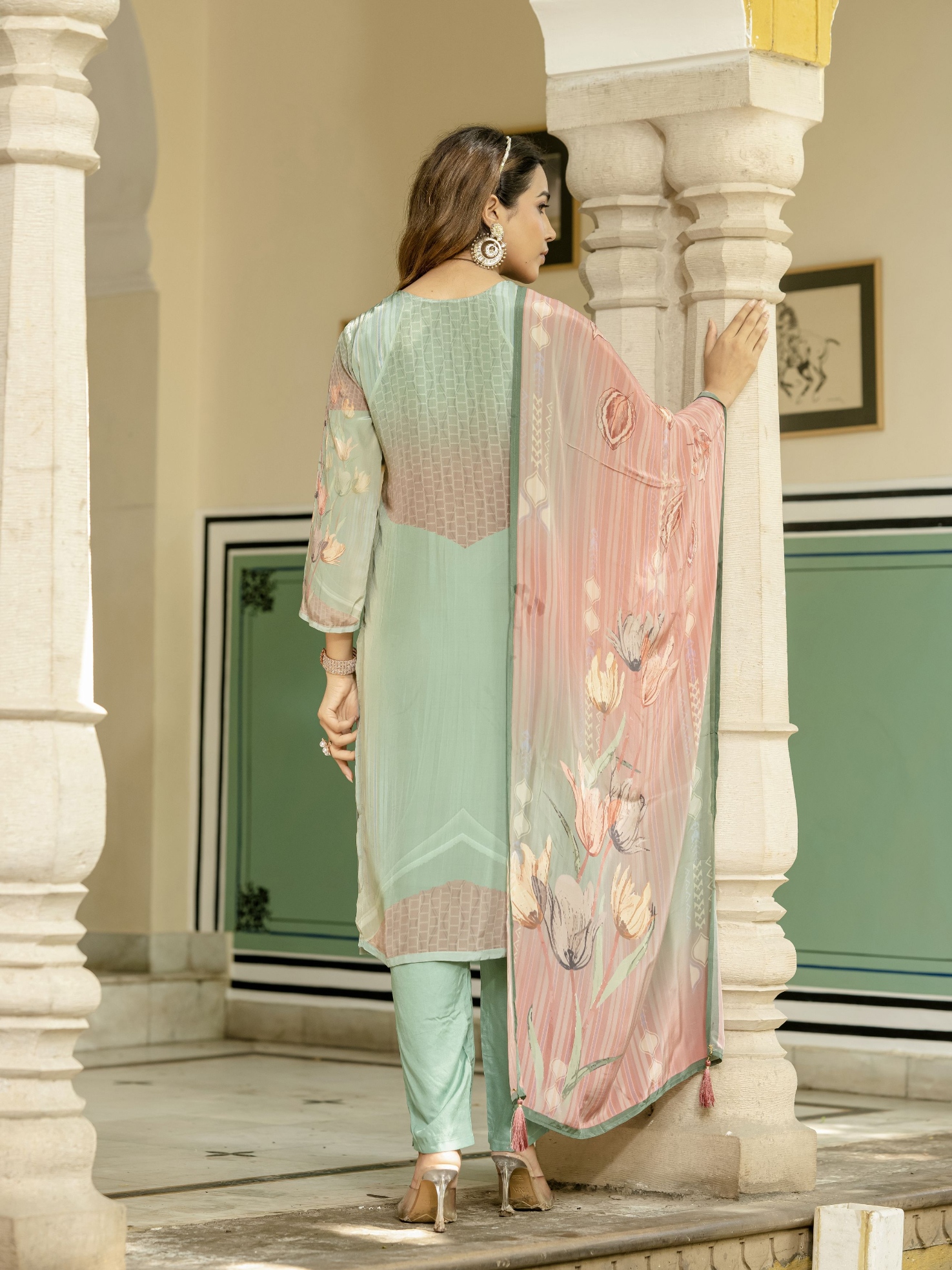 Sea Green Floral Digital Print Viscose Silk Salwar Suit — alternate view