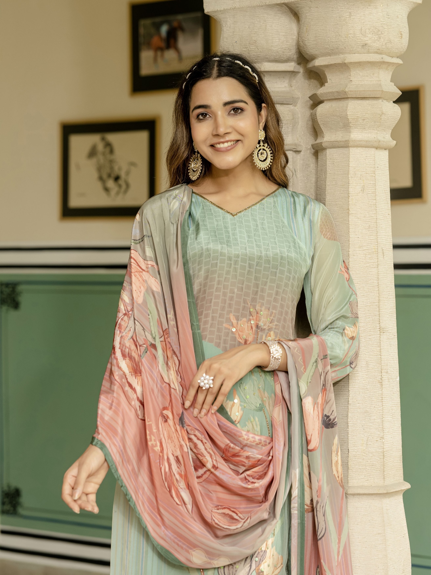 Sea Green Floral Digital Print Viscose Silk Salwar Suit
