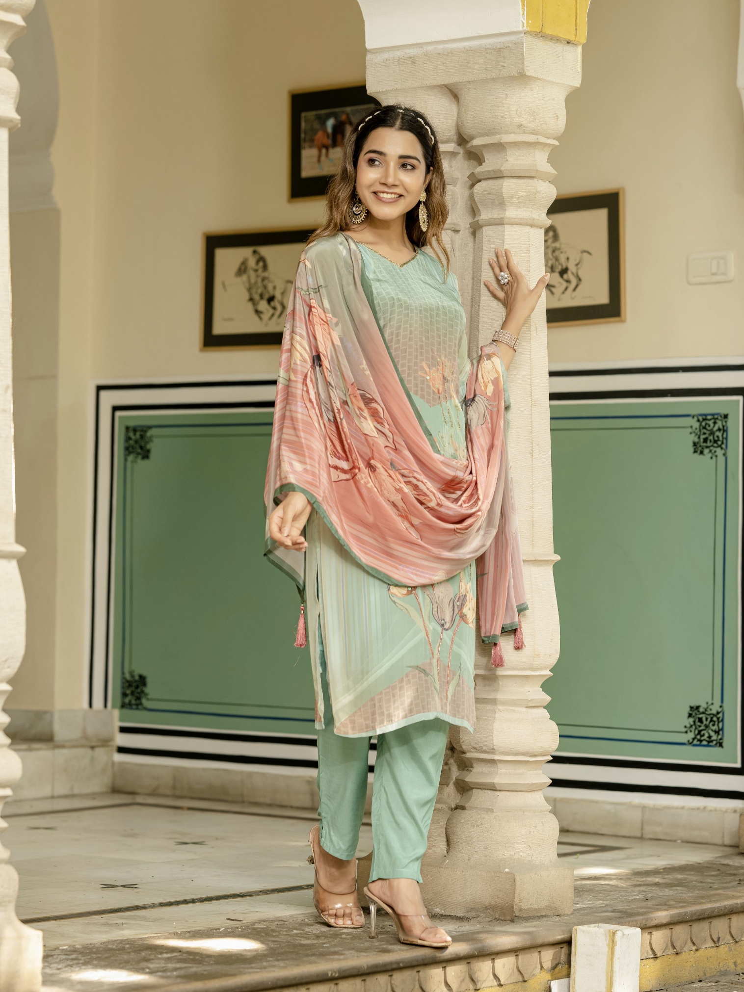 Sea Green Floral Digital Print Viscose Silk Salwar Suit
