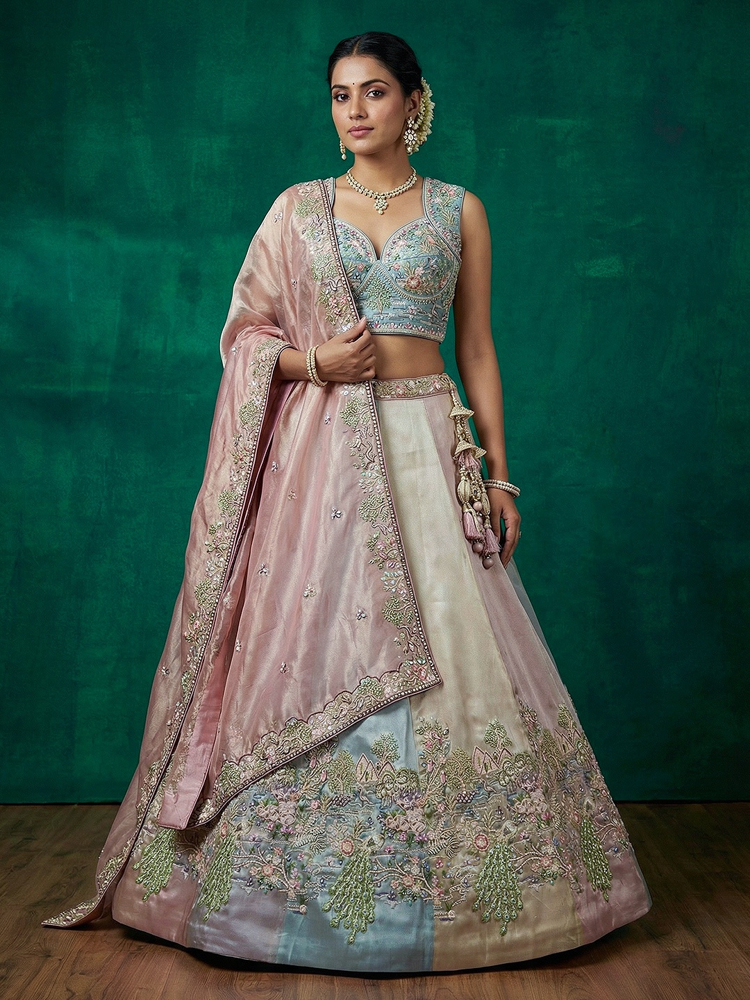 Sea Green Floral Embroidered Bridal Lehenga Choli