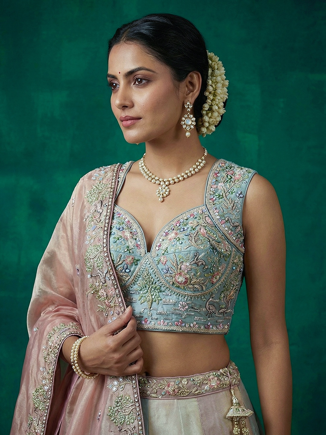 Sea Green Floral Embroidered Bridal Lehenga Choli