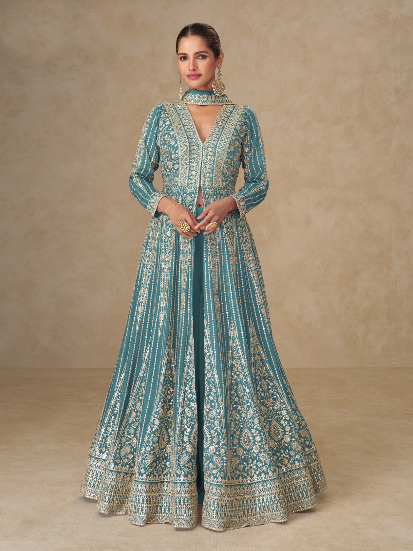Sea Green Floral Embroidered Chinon Anarkali Suit