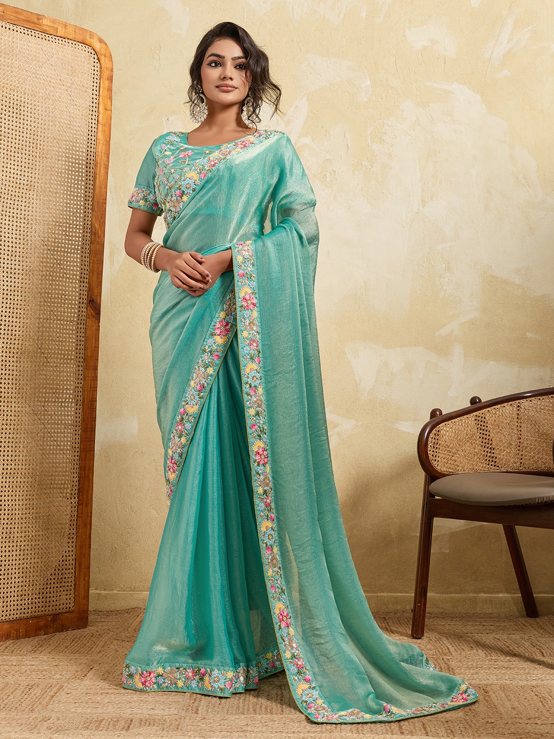 Sea Green Floral Embroidered Fendy Chiffon Designer Saree
