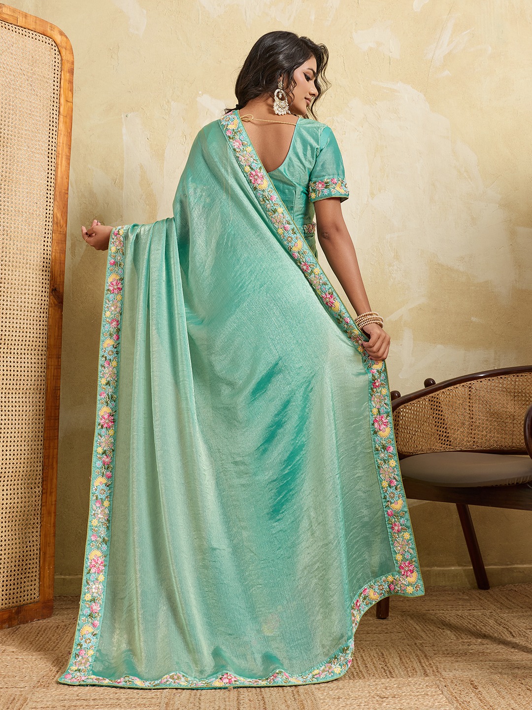 Sea Green Floral Embroidered Fendy Chiffon Designer Saree — alternate view