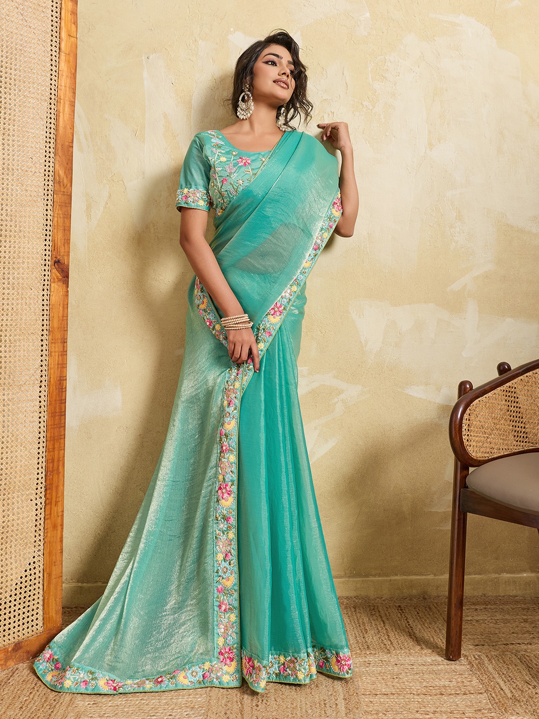 Sea Green Floral Embroidered Fendy Chiffon Designer Saree
