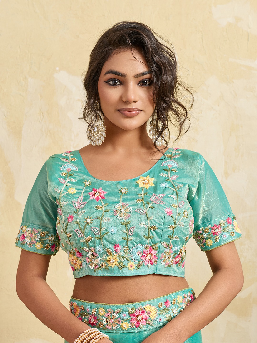 Sea Green Floral Embroidered Fendy Chiffon Designer Saree