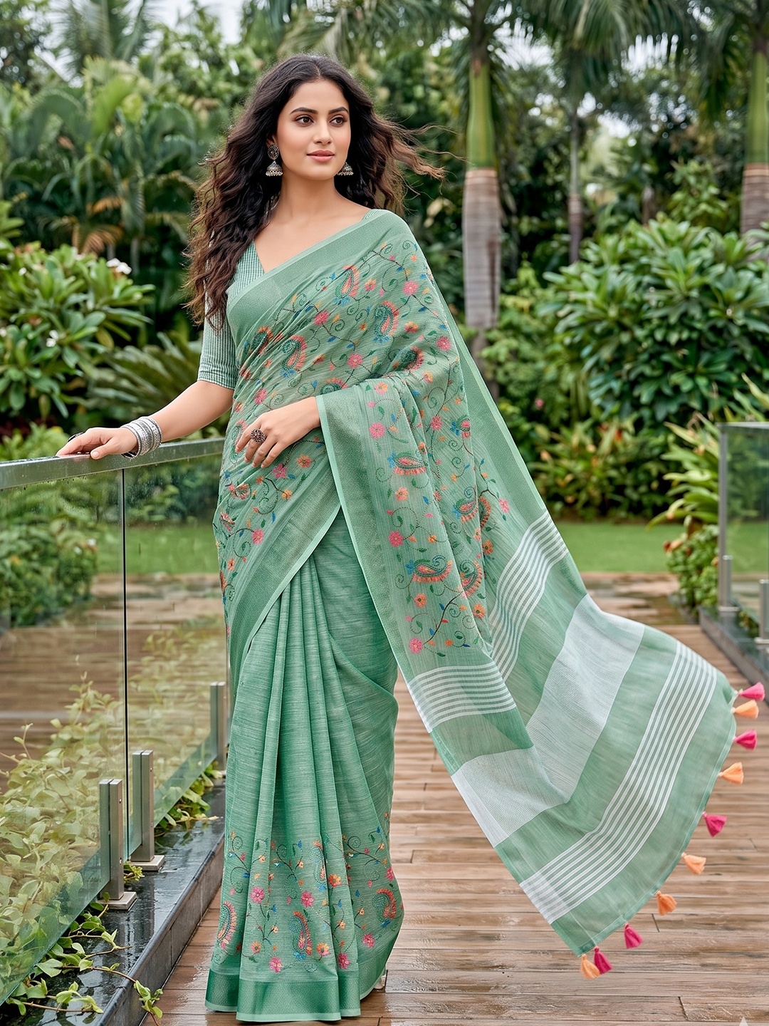 Sea Green Floral Embroidered Linen Saree
