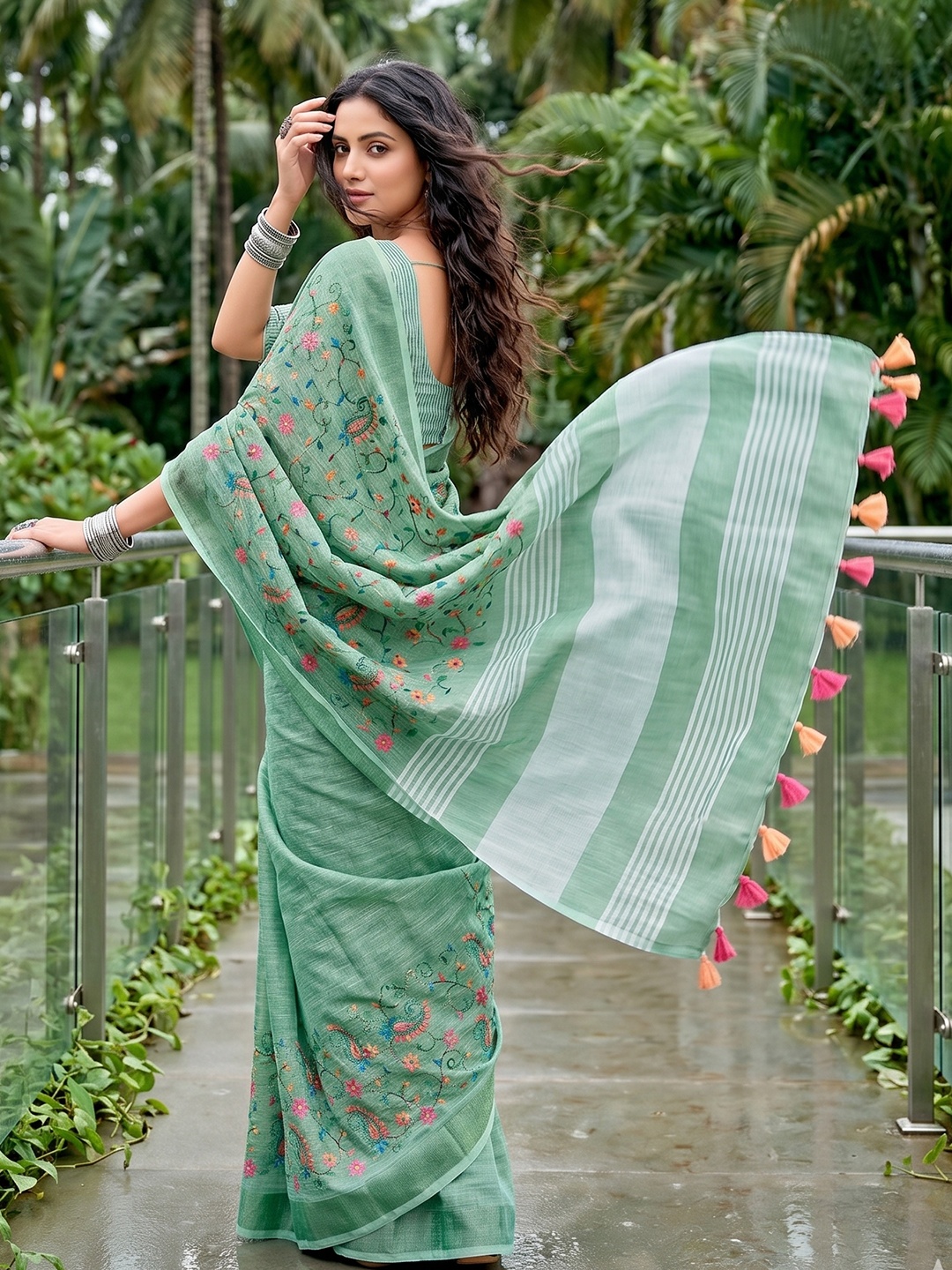 Sea Green Floral Embroidered Linen Saree — alternate view