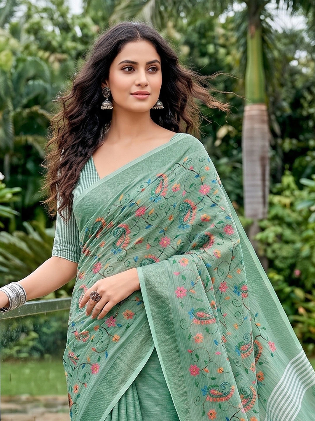 Sea Green Floral Embroidered Linen Saree
