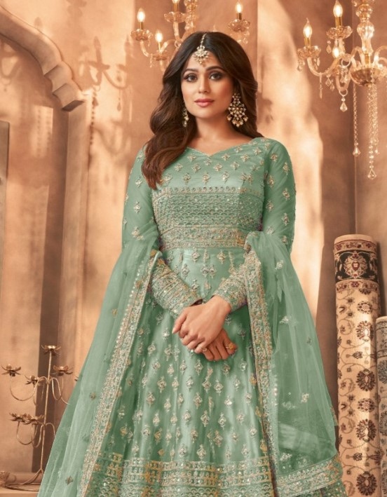 Sea Green Floral Embroidered Net Anarkali Suit — alternate view