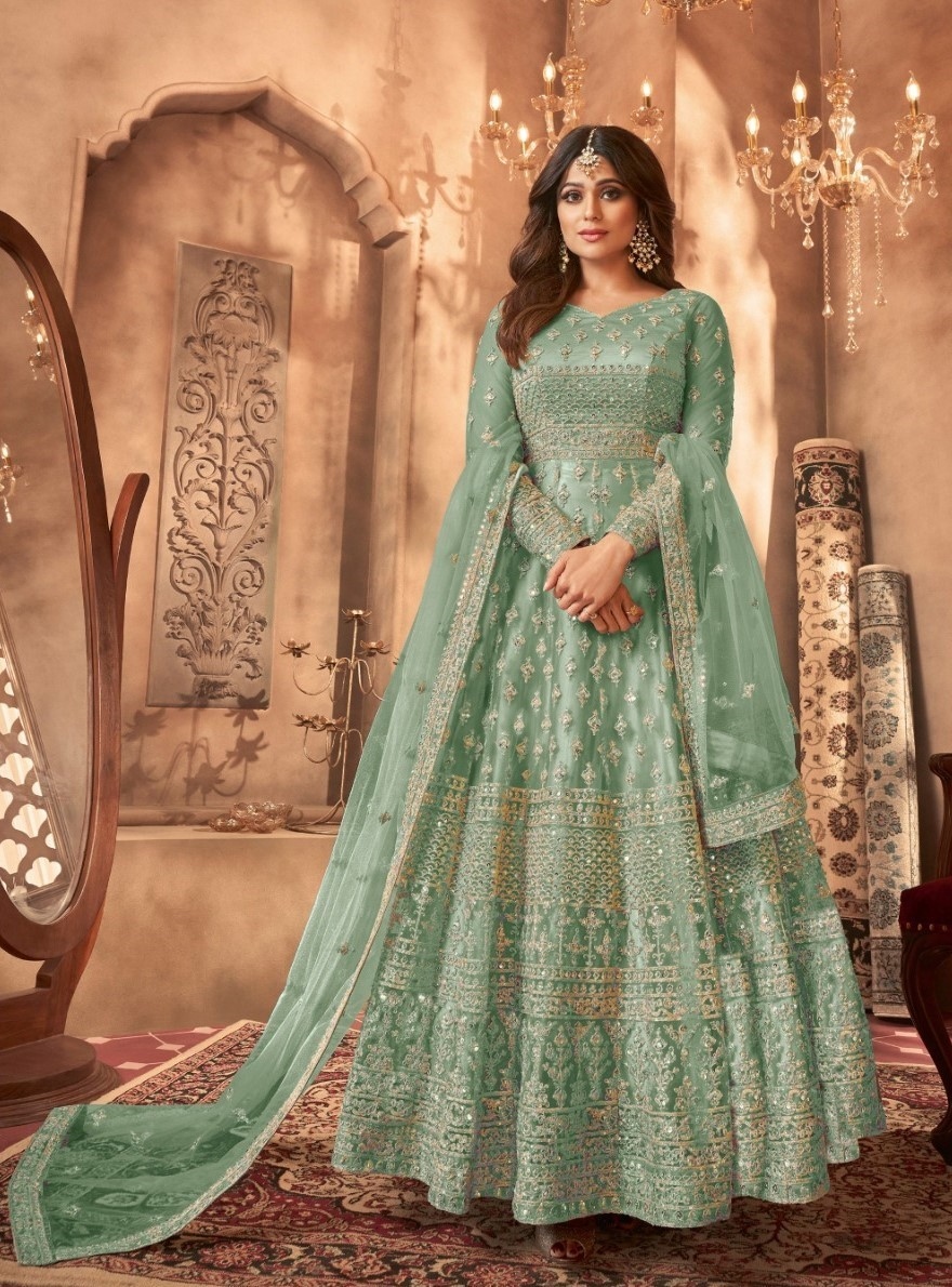 Sea Green Floral Embroidered Net Anarkali Suit