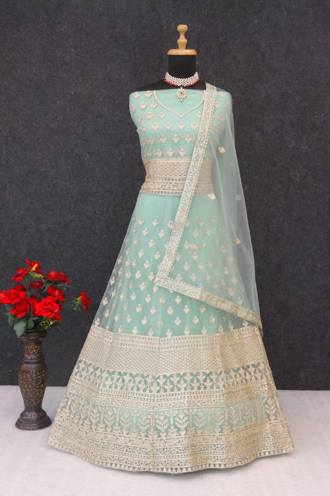 Sea Green Floral Embroidered Net Anarkali Suit