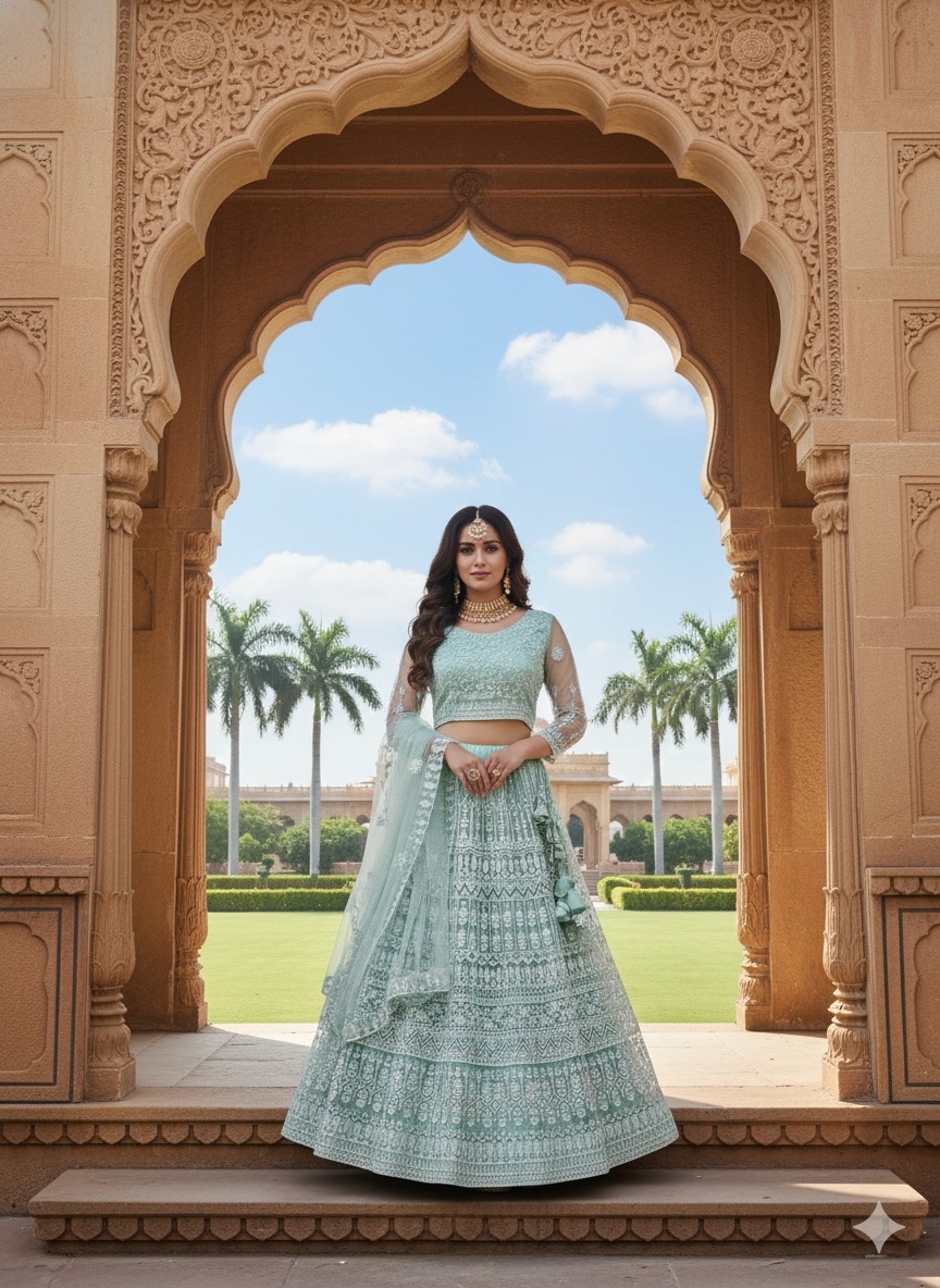Sea Green Floral Embroidery Net Bridal Lehenga Choli