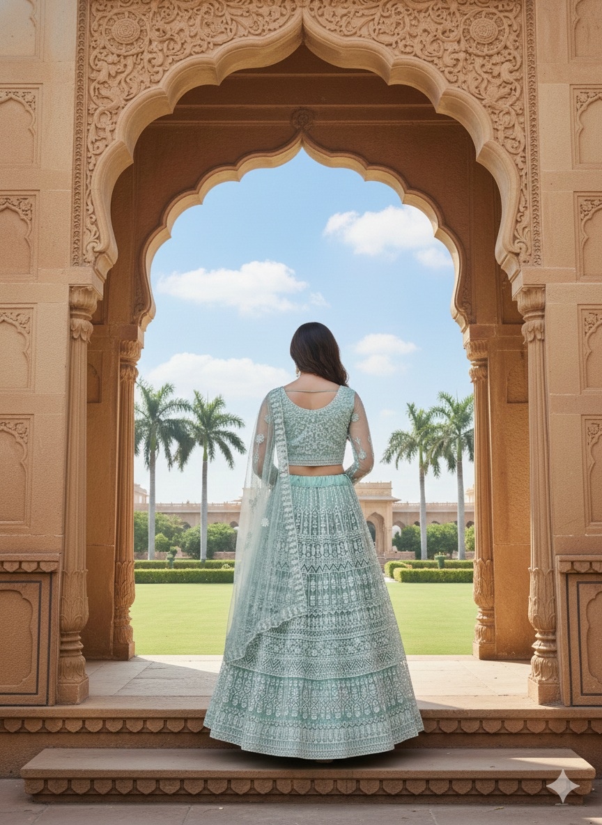 Sea Green Floral Embroidery Net Bridal Lehenga Choli — alternate view