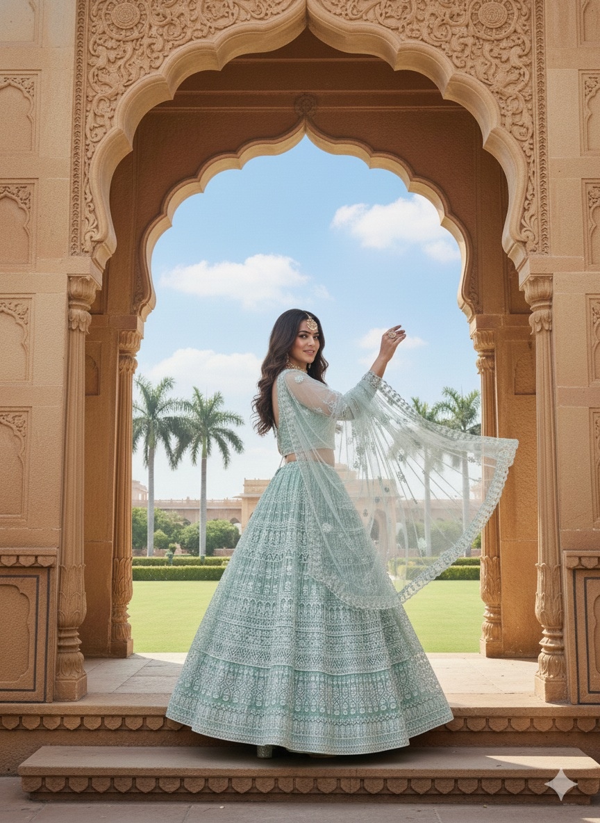 Sea Green Floral Embroidery Net Bridal Lehenga Choli