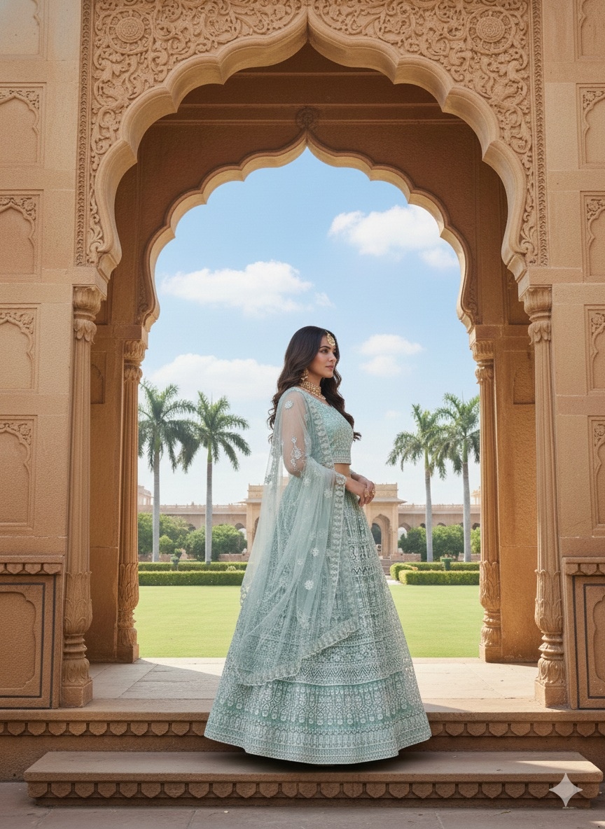 Sea Green Floral Embroidery Net Bridal Lehenga Choli