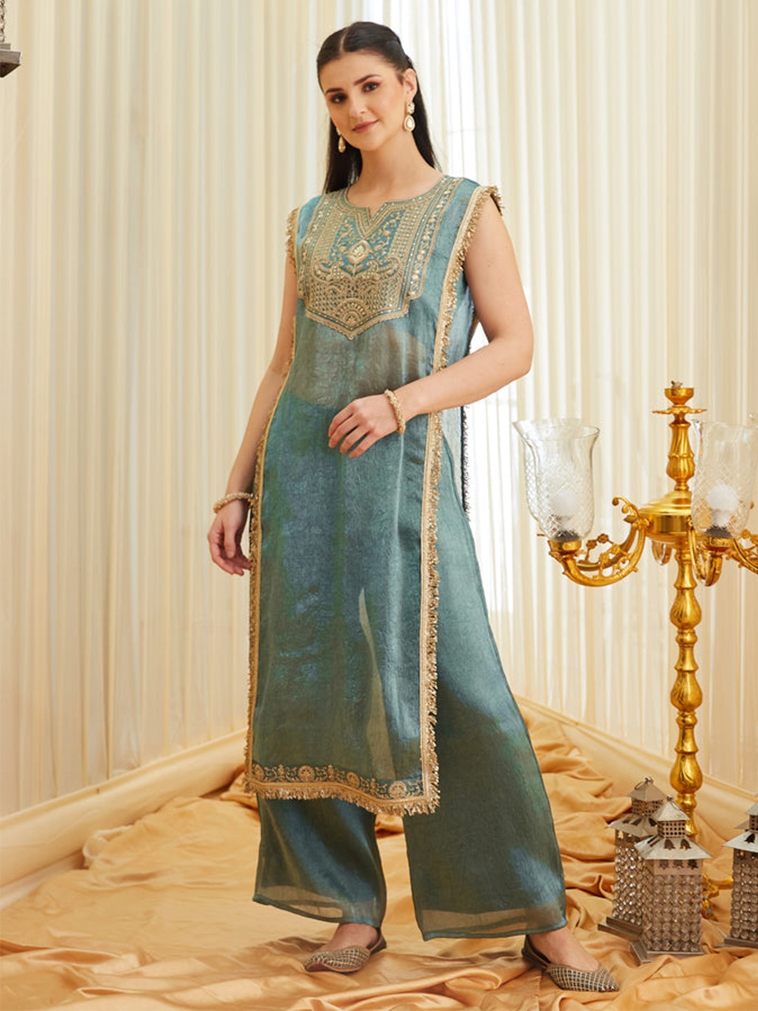 Sea Green Floral Embroidery Satin Kurta Set