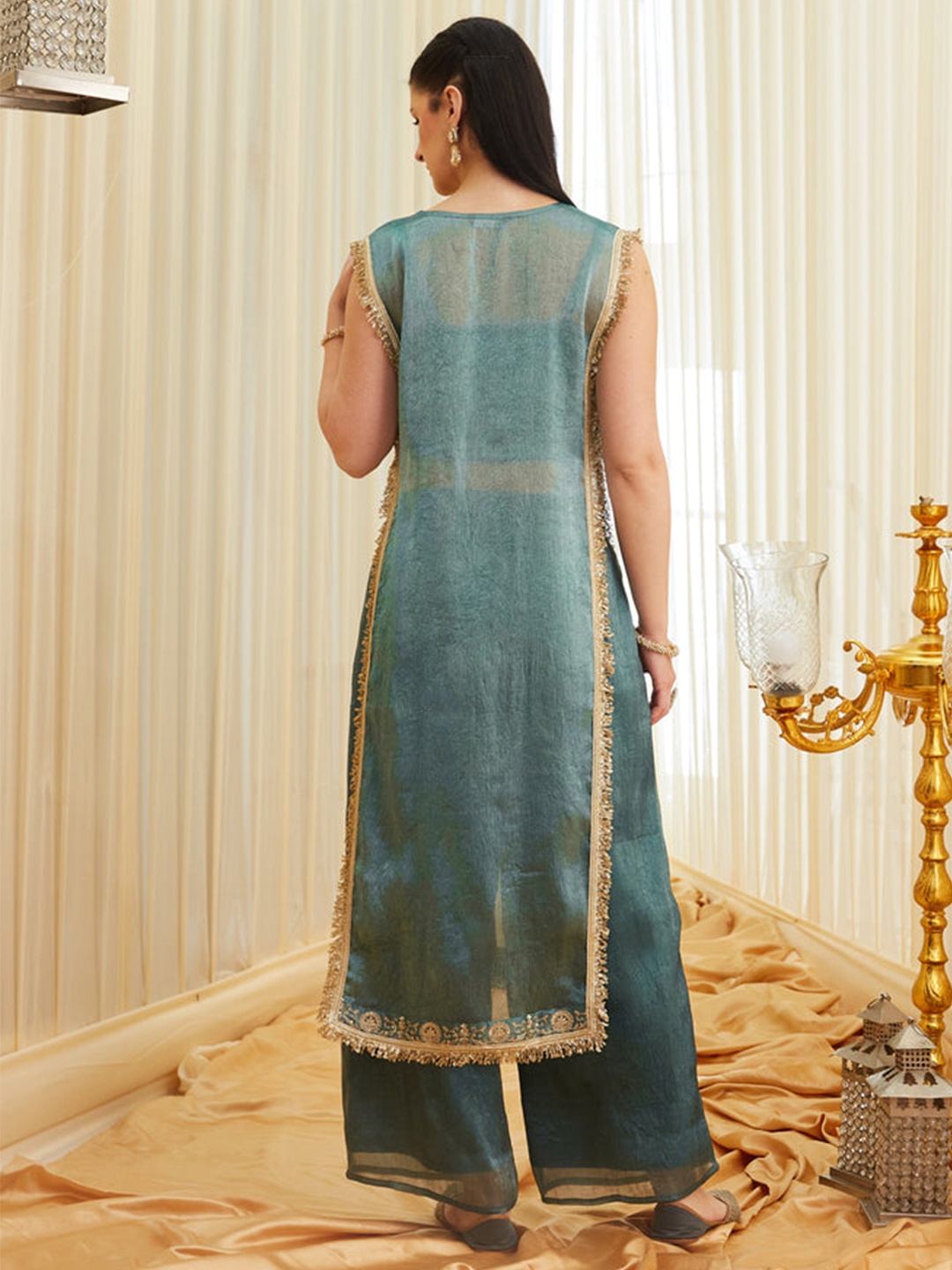 Sea Green Floral Embroidery Satin Kurta Set — alternate view