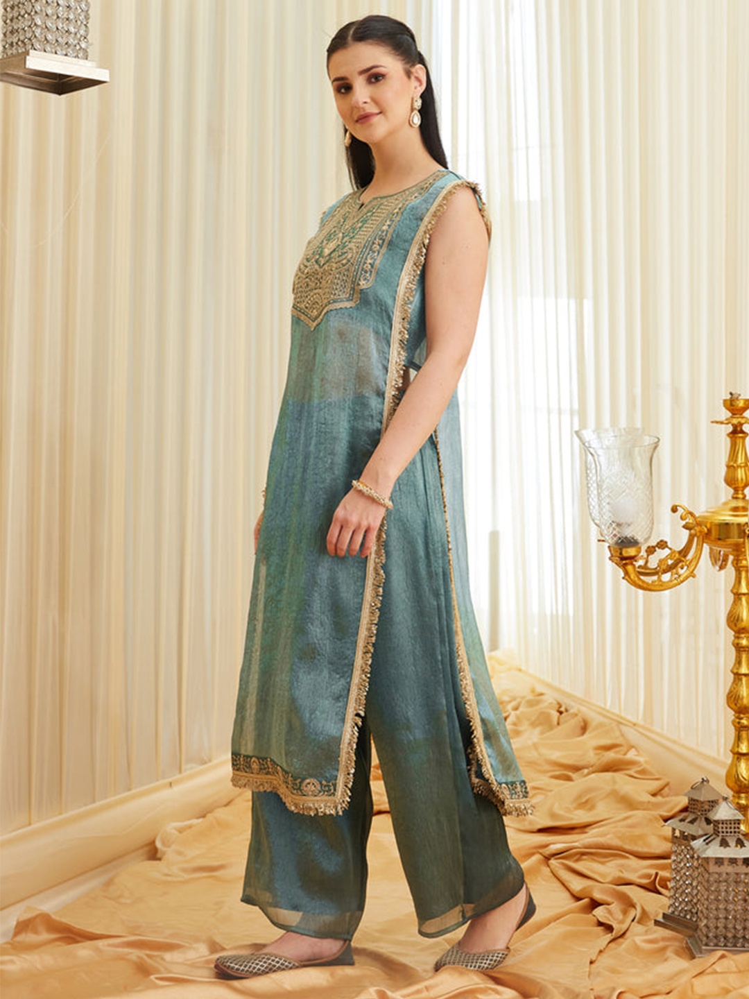 Sea Green Floral Embroidery Satin Kurta Set