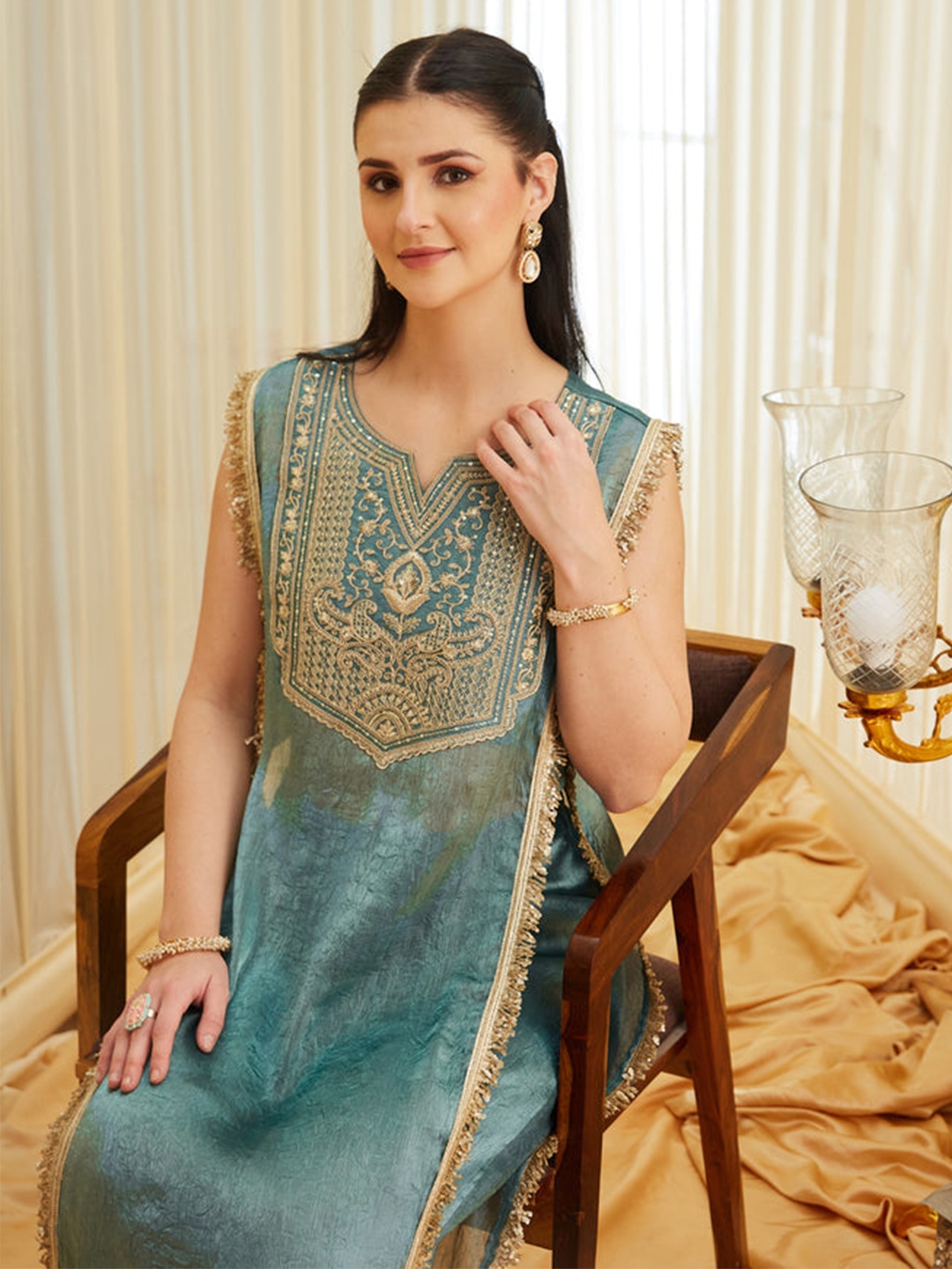 Sea Green Floral Embroidery Satin Kurta Set