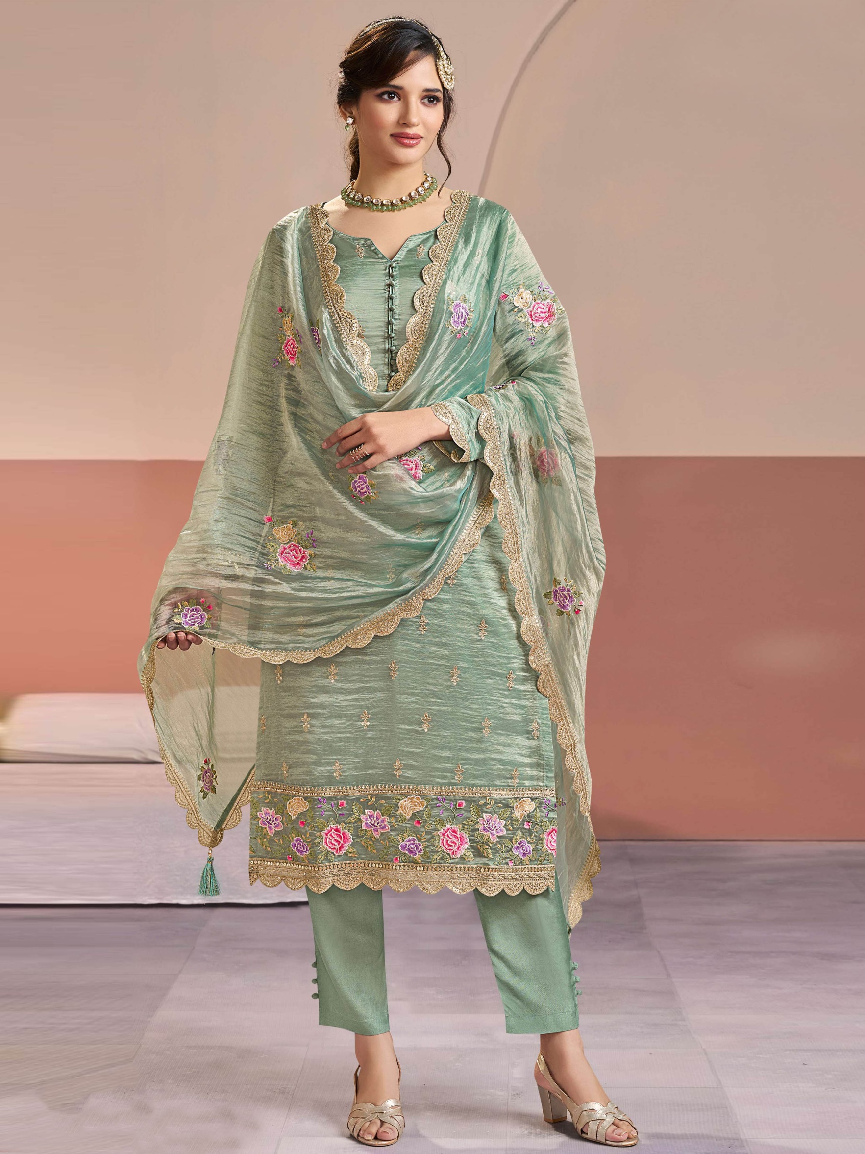 Sea Green Floral Embroidery Silk Salwar Suit