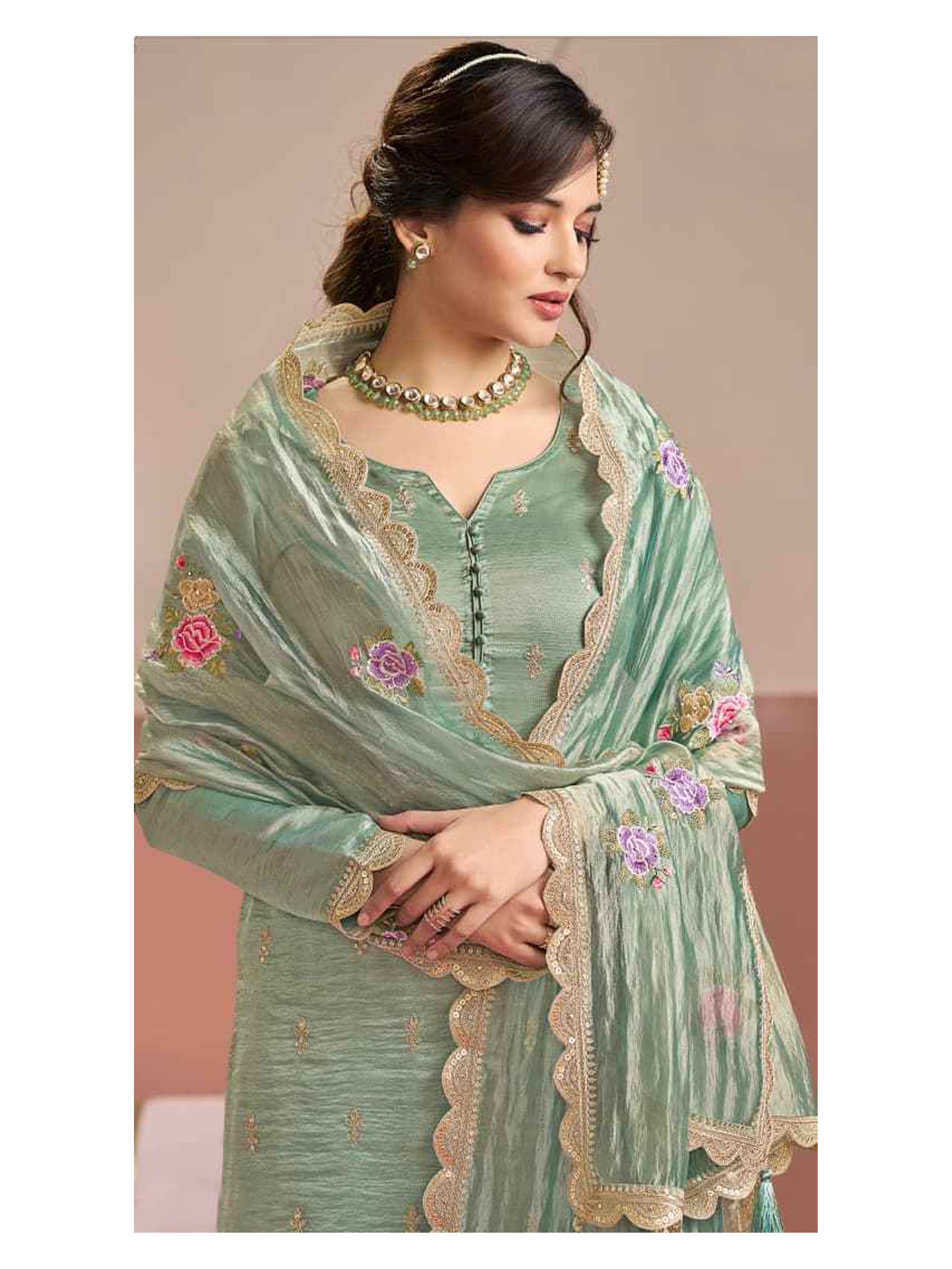 Sea Green Floral Embroidery Silk Salwar Suit
