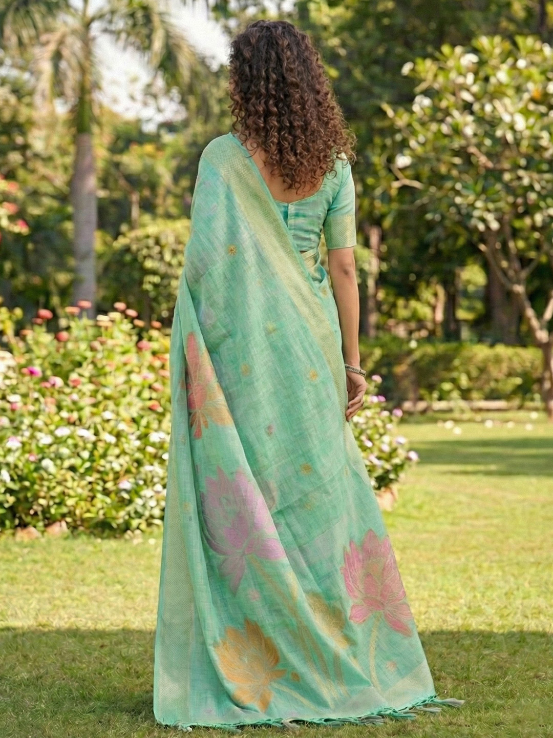 Sea Green Floral Linen Cotton Saree — alternate view